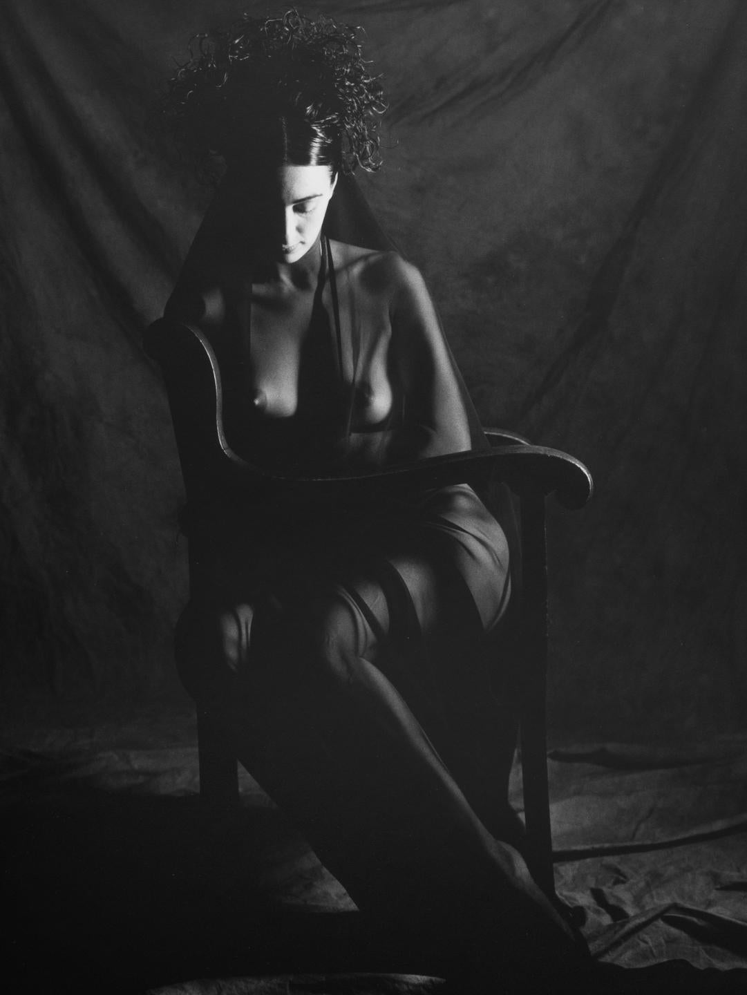 Doug Birkenheuer Nude Photograph - Somber Woman, Nude Female, Seated and Veiled, Black and White Photograph