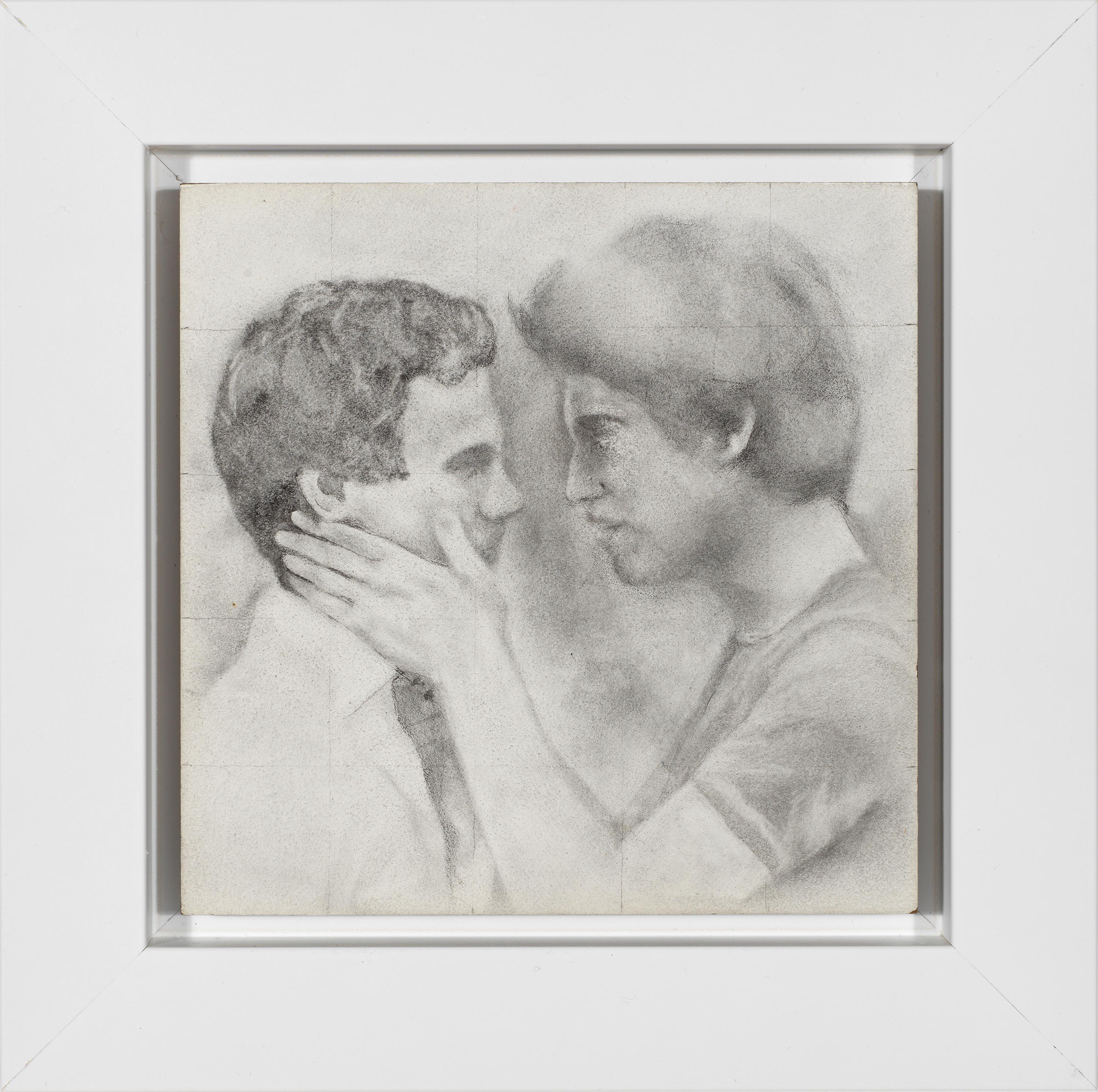 Held - Male Figures Embracing Each Other, Original Graphite on Panel Drawing - Art by Rick Sindt