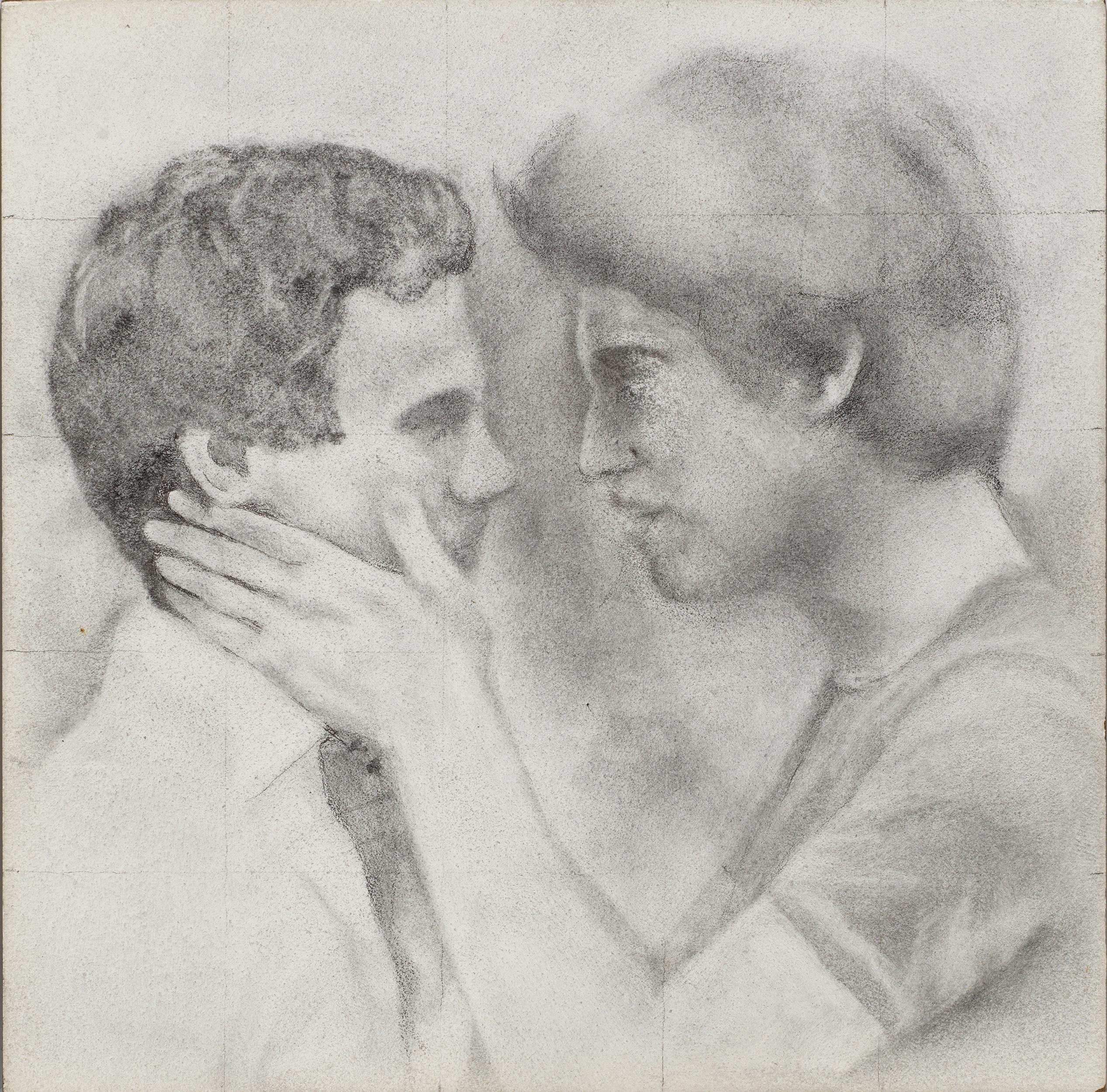 Held - Male Figures Embracing Each Other, Original Graphite on Panel Drawing