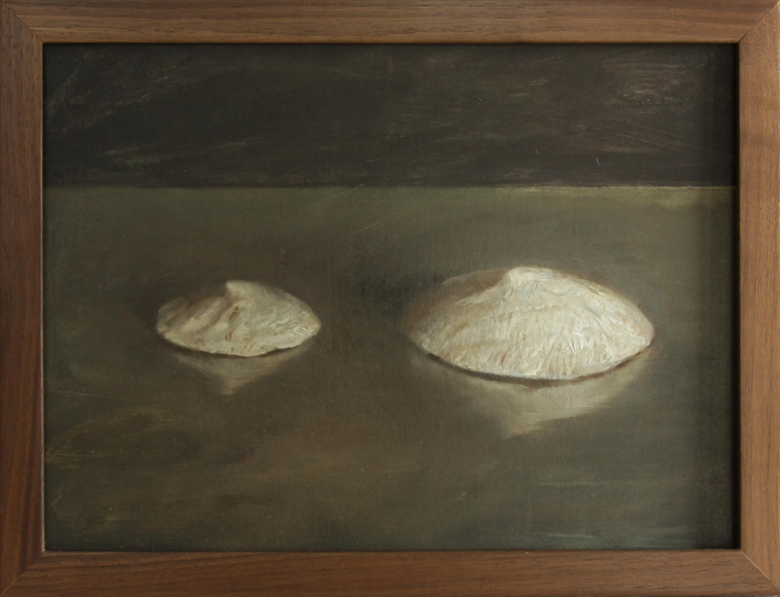 Sea Snail Fossils - Sea Shell Still Life on Two Toned Olive Colored Background - Painting by Helen Oh