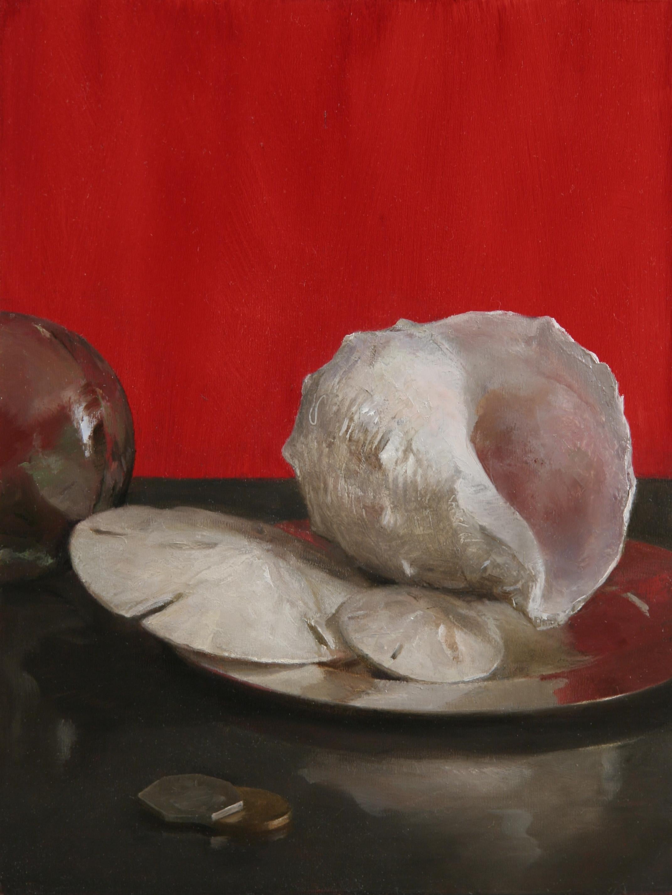 Helen Oh Animal Painting - Sea Shell Still Life (Red), Original Oil Painting with Shells, Coins and Orb