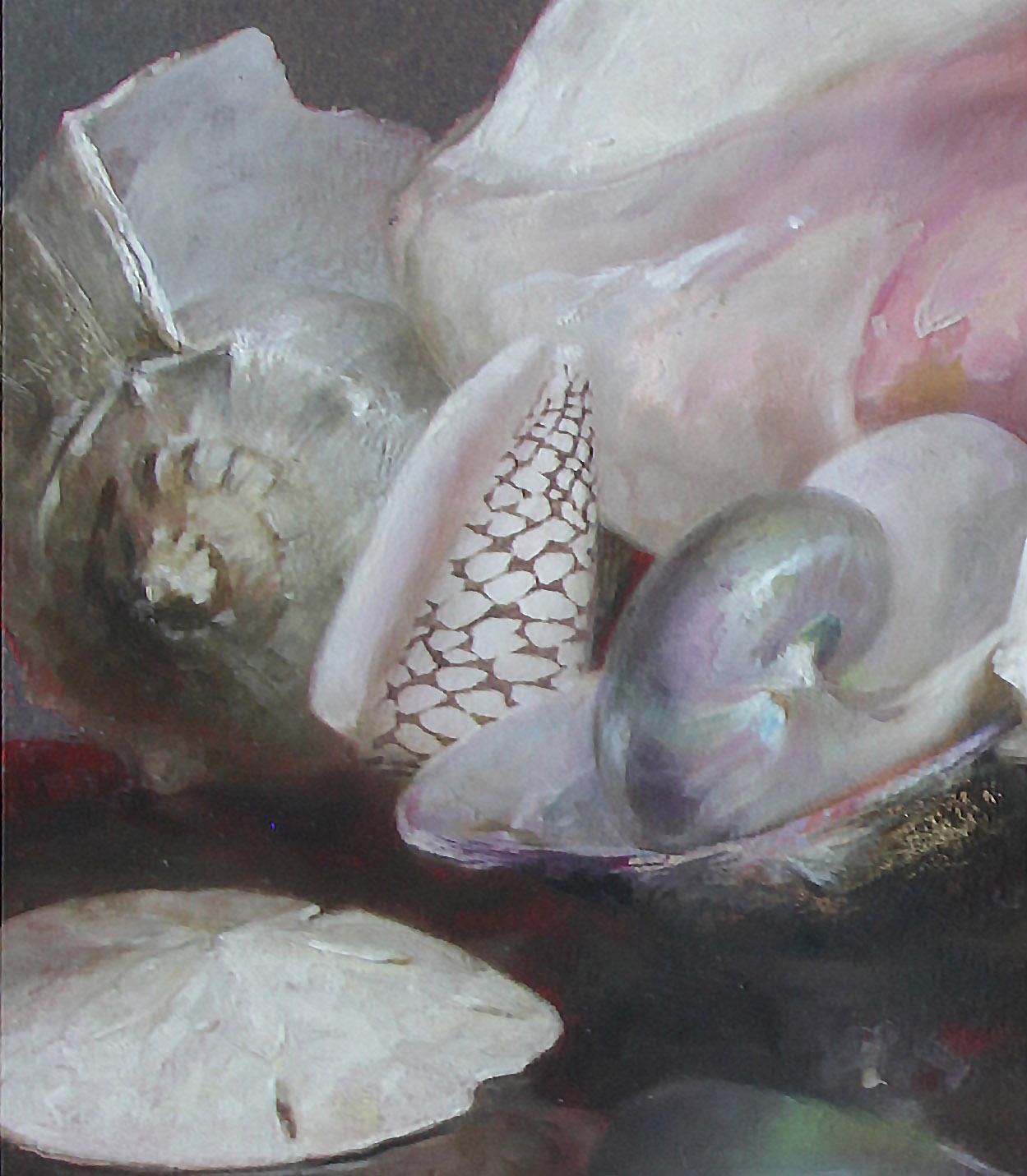 Shells with Reflections, Original Oil Painting, Oil and Silver Leaf on Panel - Black Animal Painting by Helen Oh