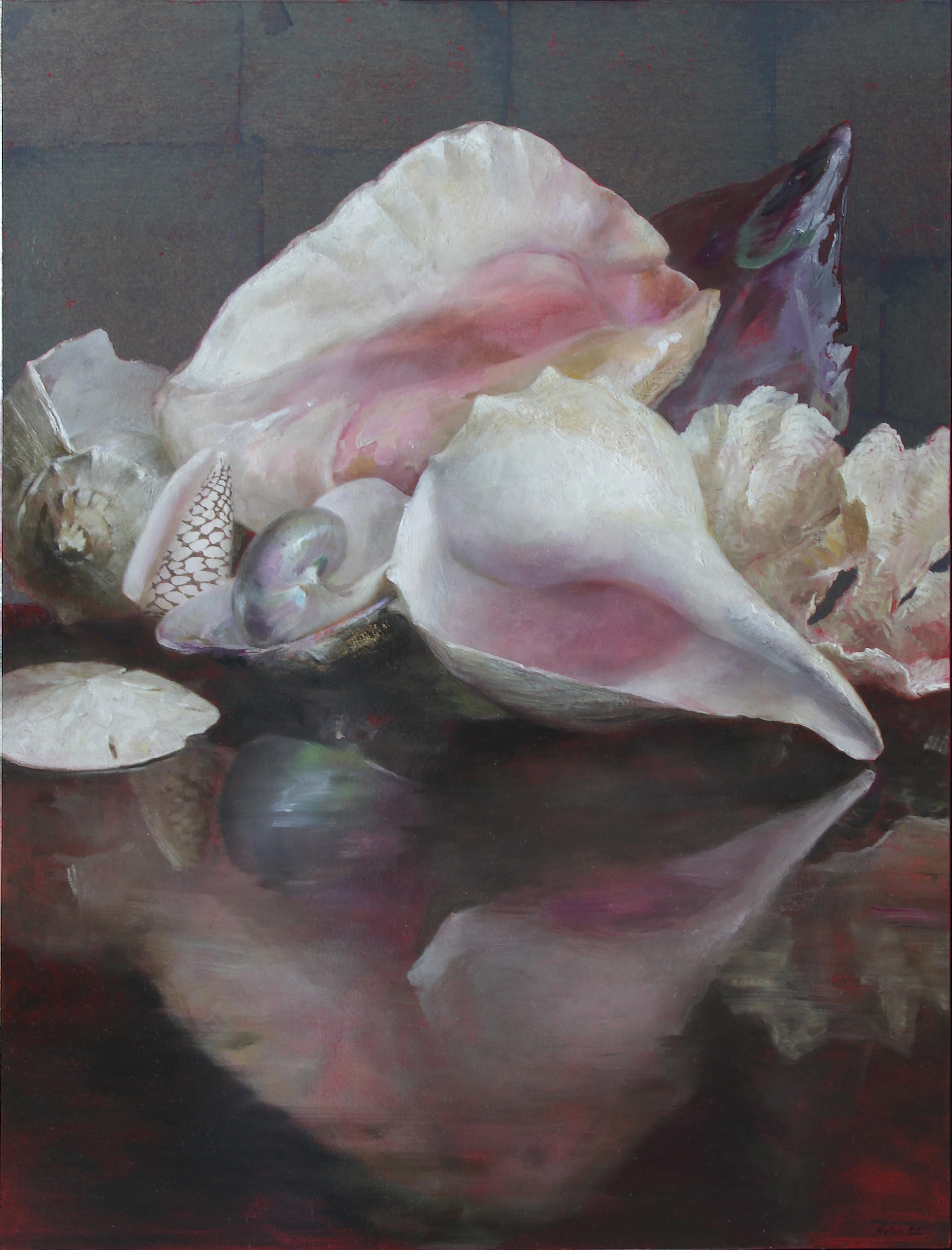 Helen Oh Animal Painting - Shells with Reflections, Original Oil Painting, Oil and Silver Leaf on Panel
