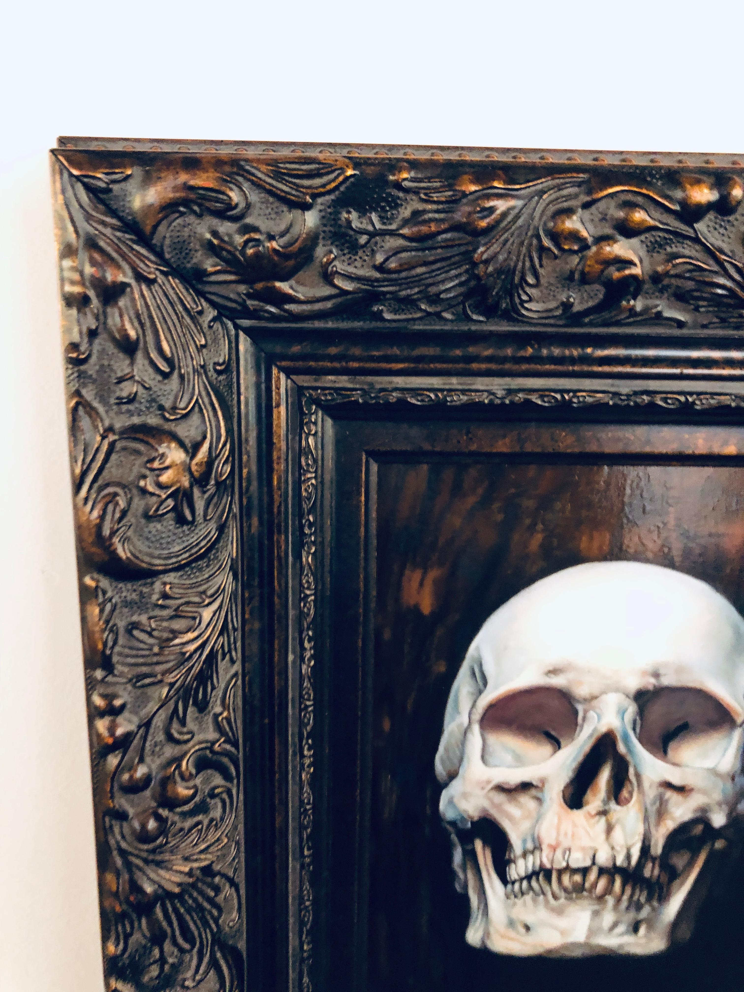 Vanitas - Original Oil Painting of a Human Skull in 17th Century Dutch Style - Black Figurative Painting by Matthew Cook