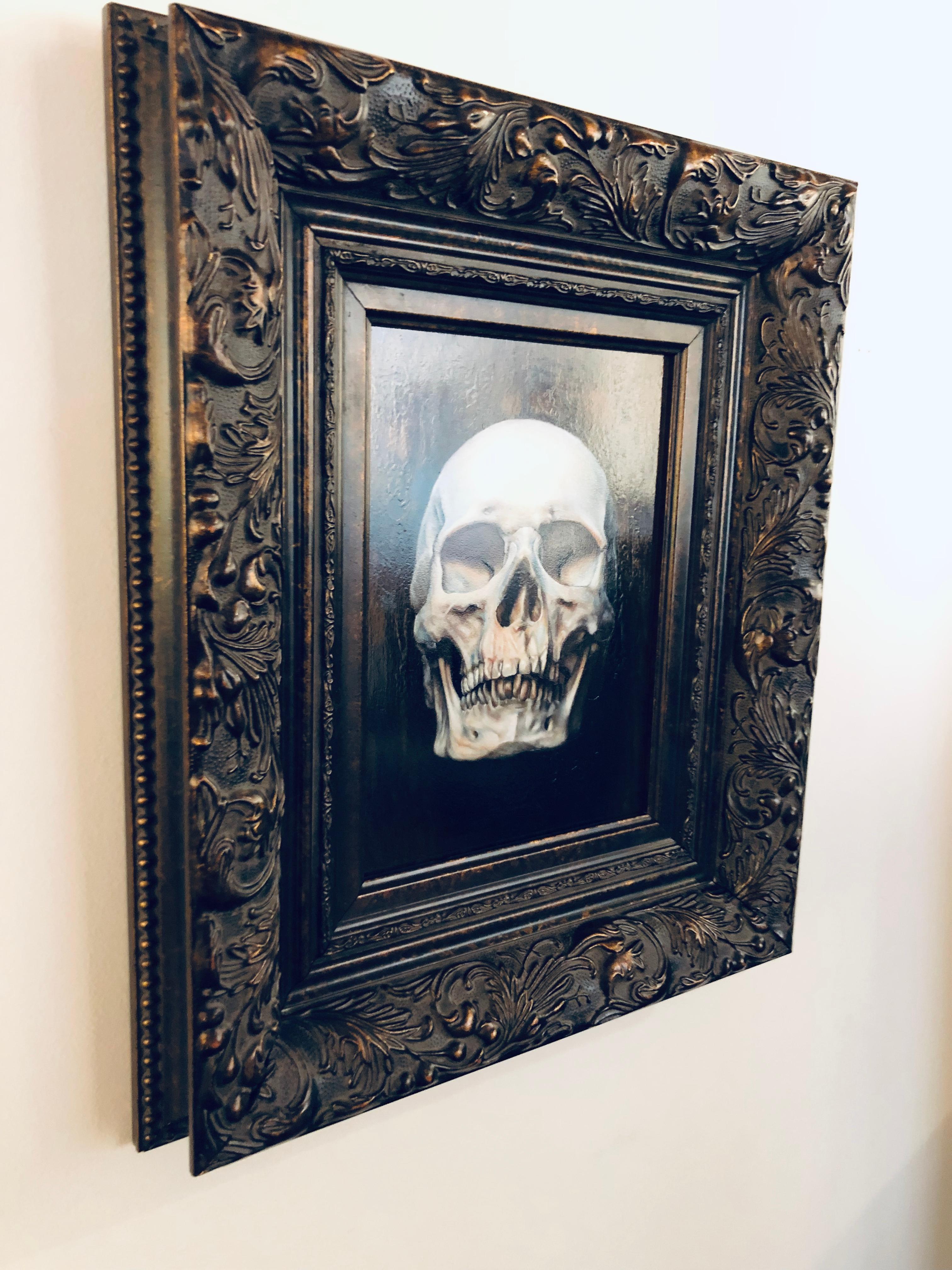 This extraordinary painting of a human skull is created in the 16th or 17th century Dutch style.  Vanitas paintings are a unique genre in which symbols of death are painted as a reminder of the transience of life, the futility of pleasure and the