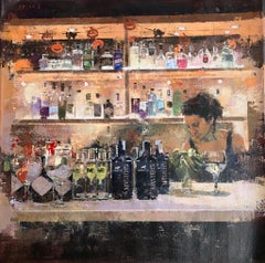 Gin and Tonic, Lone Female Figure Tending Bar, Original Acrylic Painting