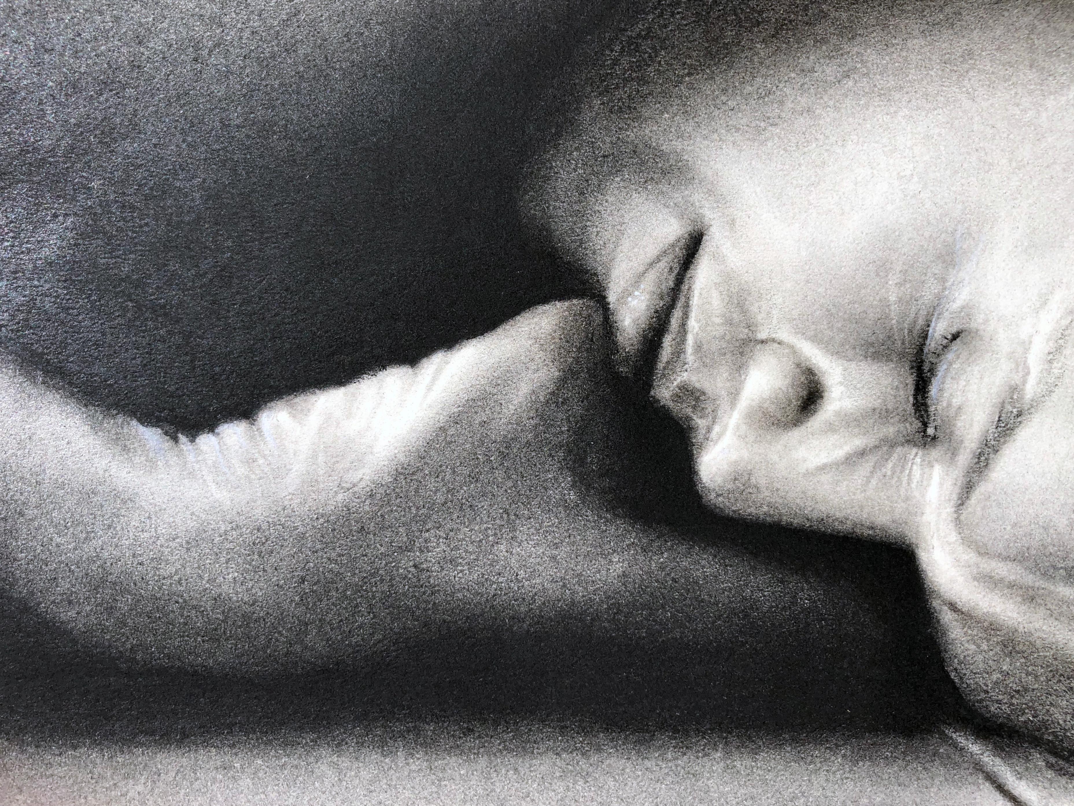 Sleeping Man, Nude Male Figure Curled on the Floor, Charcoal Drawing - Contemporary Art by Shuta Ruelas