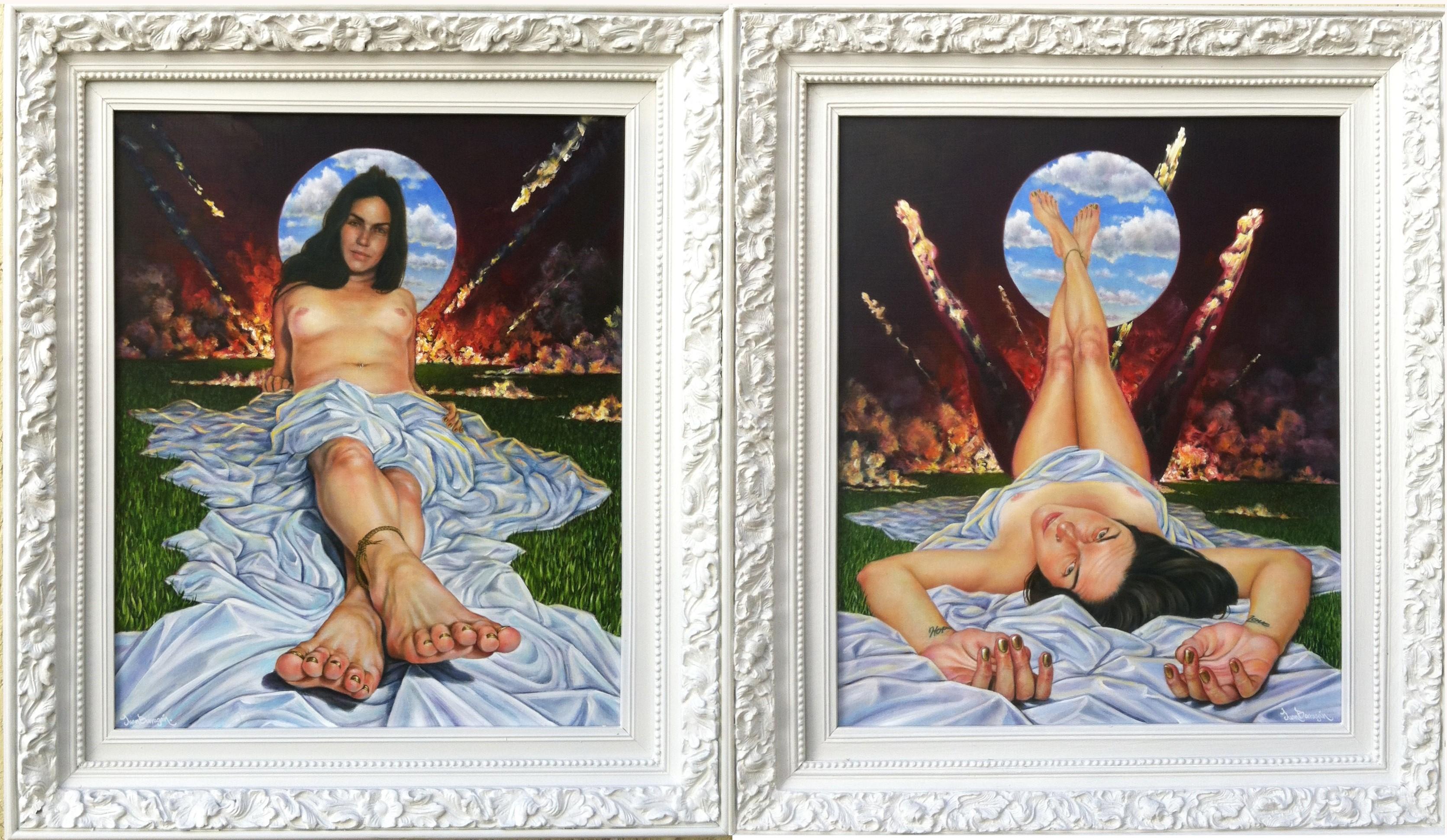 Juan Barragán Figurative Painting - El Pariaso Perdido (Paradise Lost) Diptych, Two Female Nudes, Oil on Panel