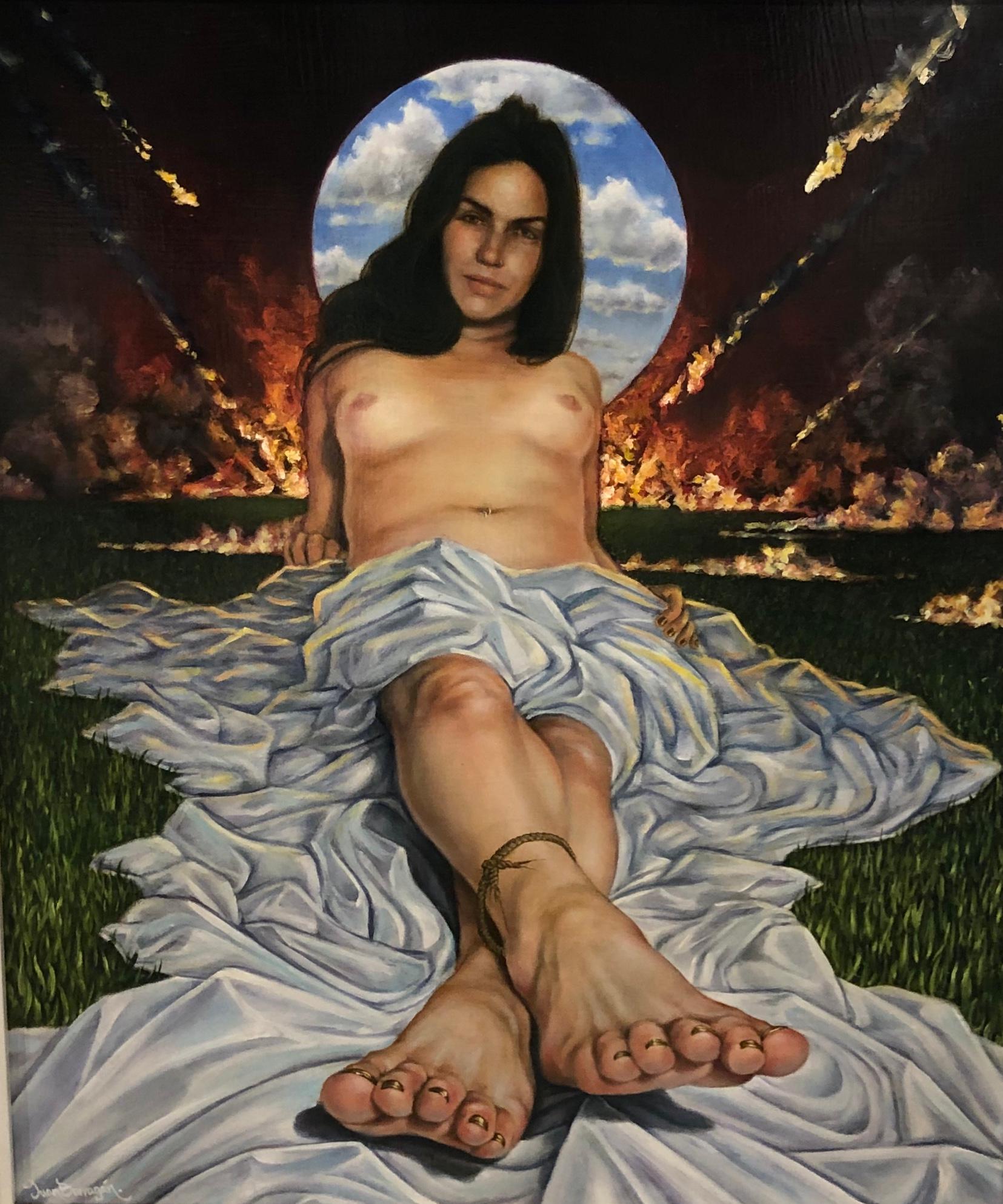 Dittico El Pariaso Perdido (Il Paradiso Perduto), Due nudi femminili, Olio su pannello - Painting di Juan Barragán