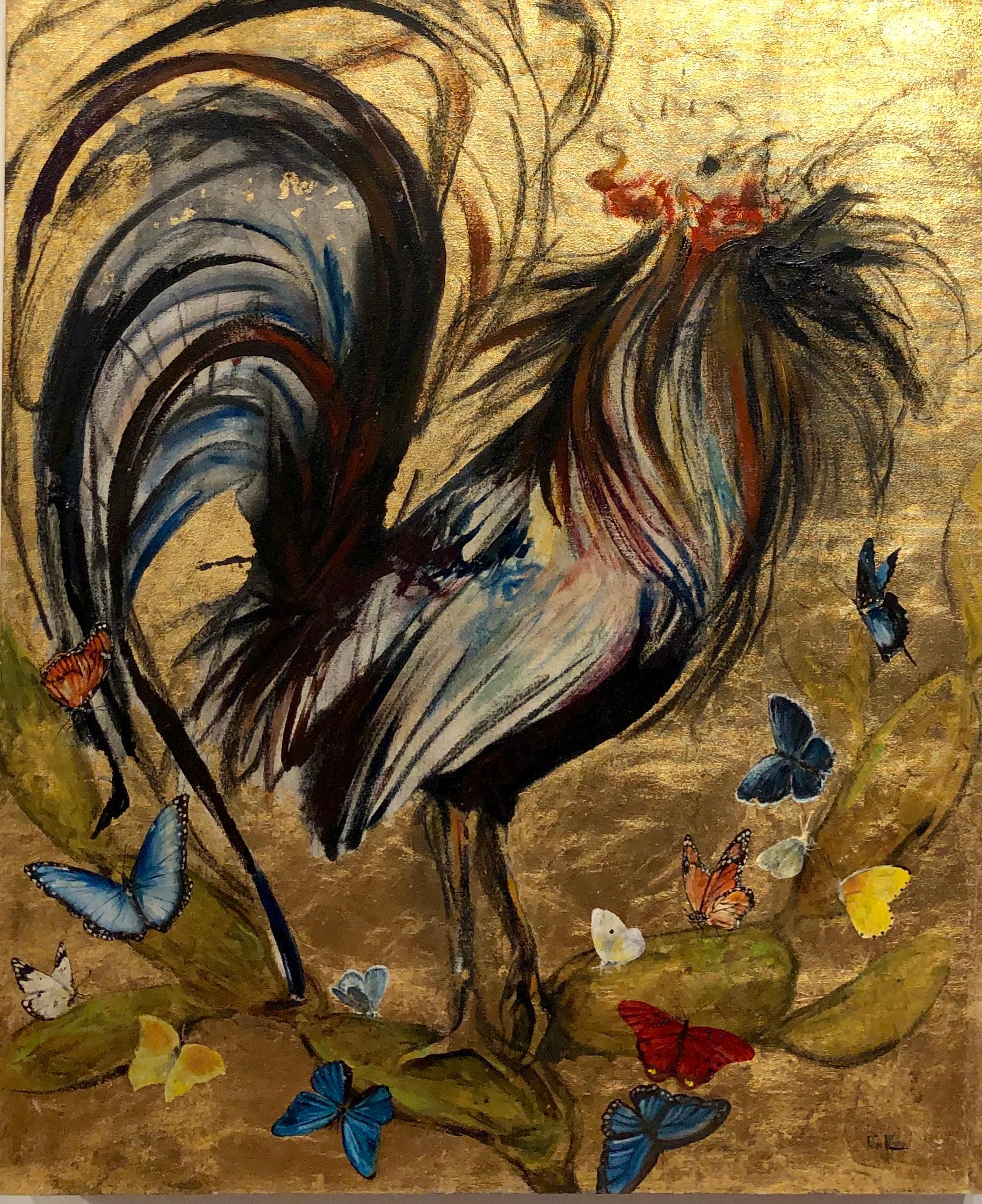 Felipe Alfaro Animal Painting - Gallo Dorado, Rooster with Butterflies on a Gold Leaf Background, Oil on Canvas
