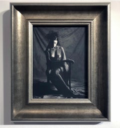 Somber Woman, Nude Female, Seated and Veiled, Black and White Photograph