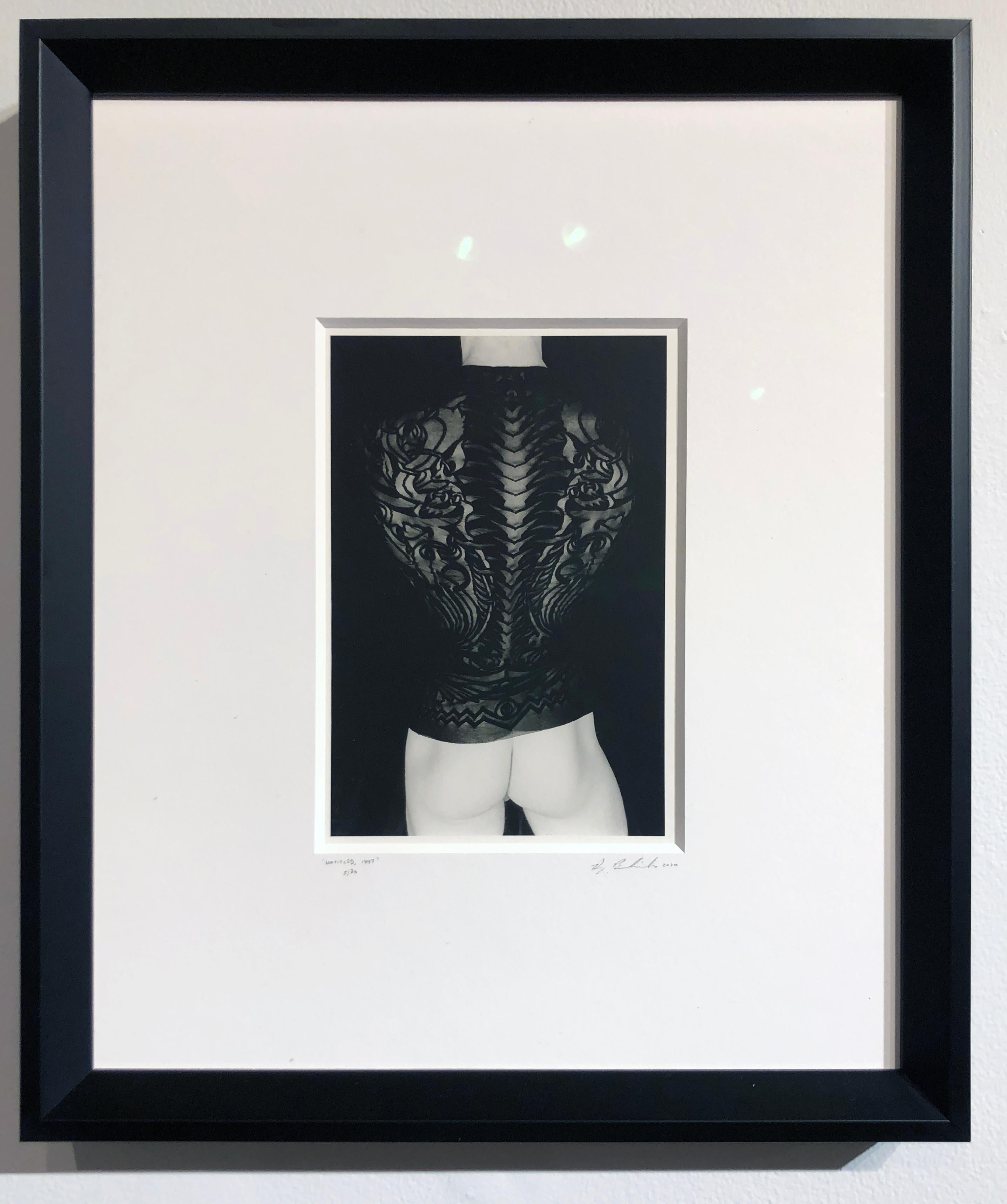 Untitled 1997 - Erotic Nude Photo with Figure in Jean Paul Gauthier Tattoo Shirt - Contemporary Photograph by Doug Birkenheuer