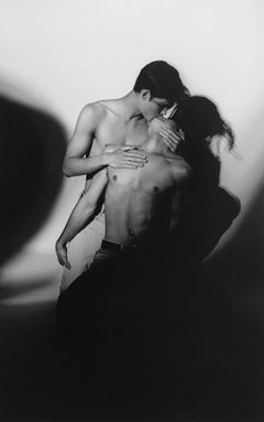 Male Bonding - Passionate Kiss with Dramatic Shadow, Black and White Photograph