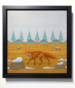 Scout - Painting of a Fox Hunting in a Sparse Landscape, Oil on Panel