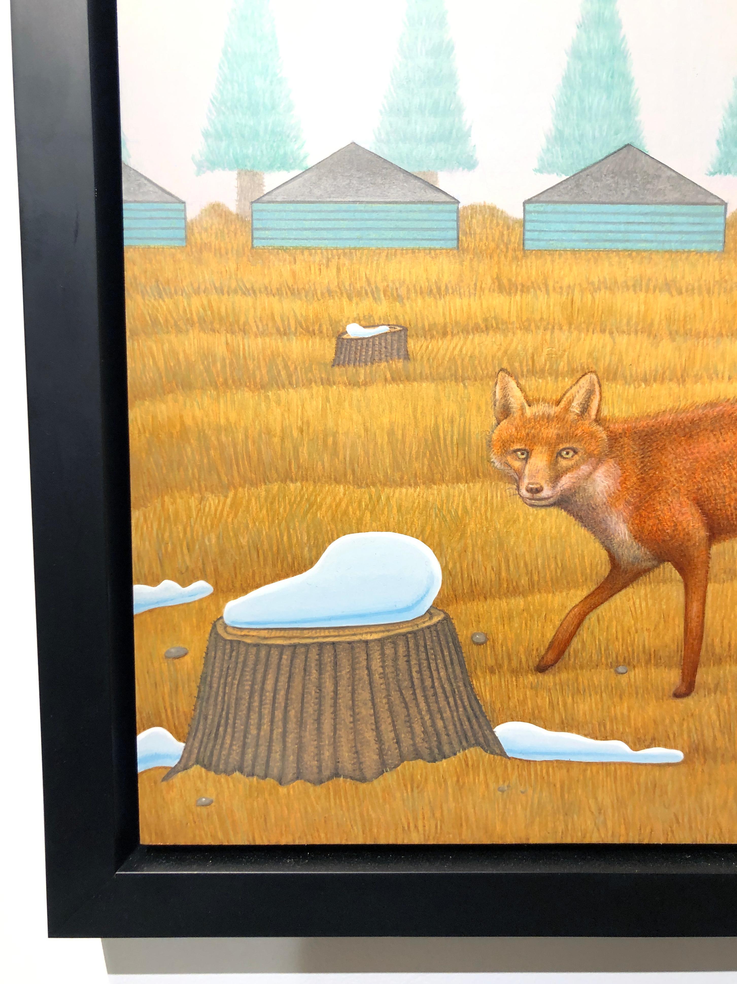 Scout - Painting of a Fox Hunting in a Sparse Landscape, Oil on Panel 3