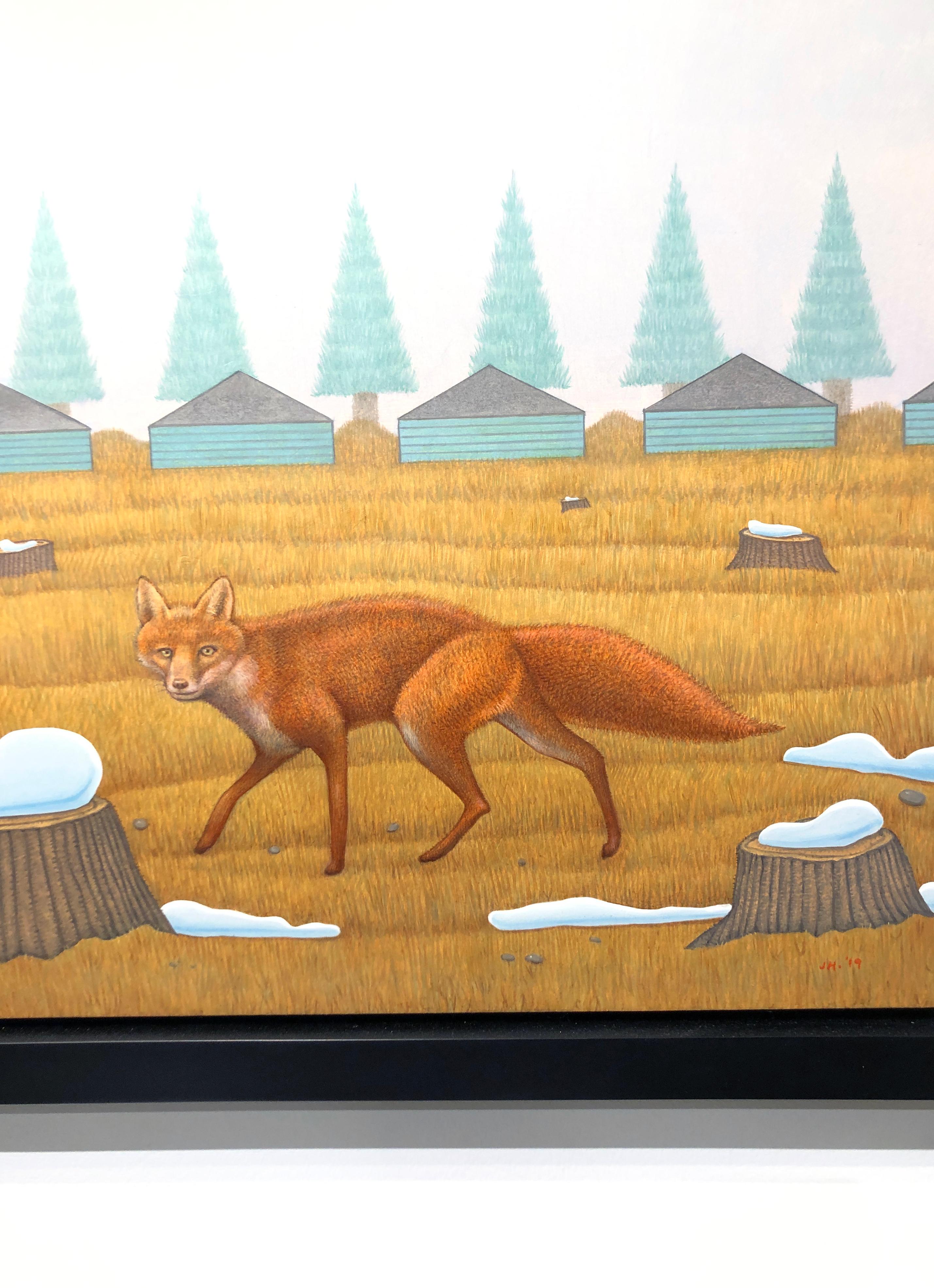 Scout - Painting of a Fox Hunting in a Sparse Landscape, Oil on Panel 4