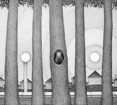 Rising I, Surrealist Landscape w/ Row of Trees & Owl, Graphite on Archival Paper