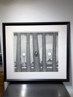 Rising I, Surrealist Landscape w/ Row of Trees & Owl, Graphite on Archival Paper