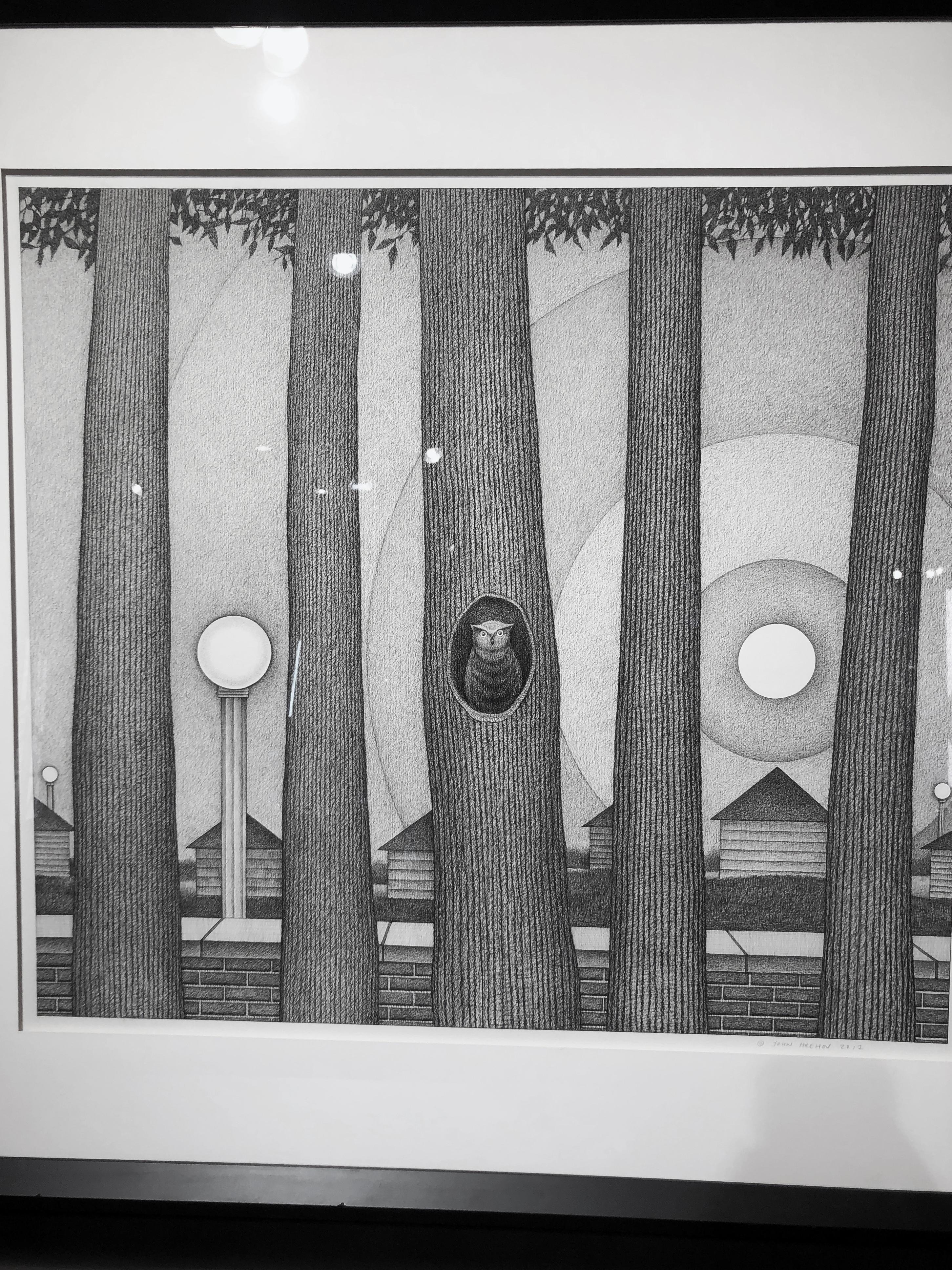 Rising I, Surrealist Landscape w/ Row of Trees & Owl, Graphite on Archival Paper 2