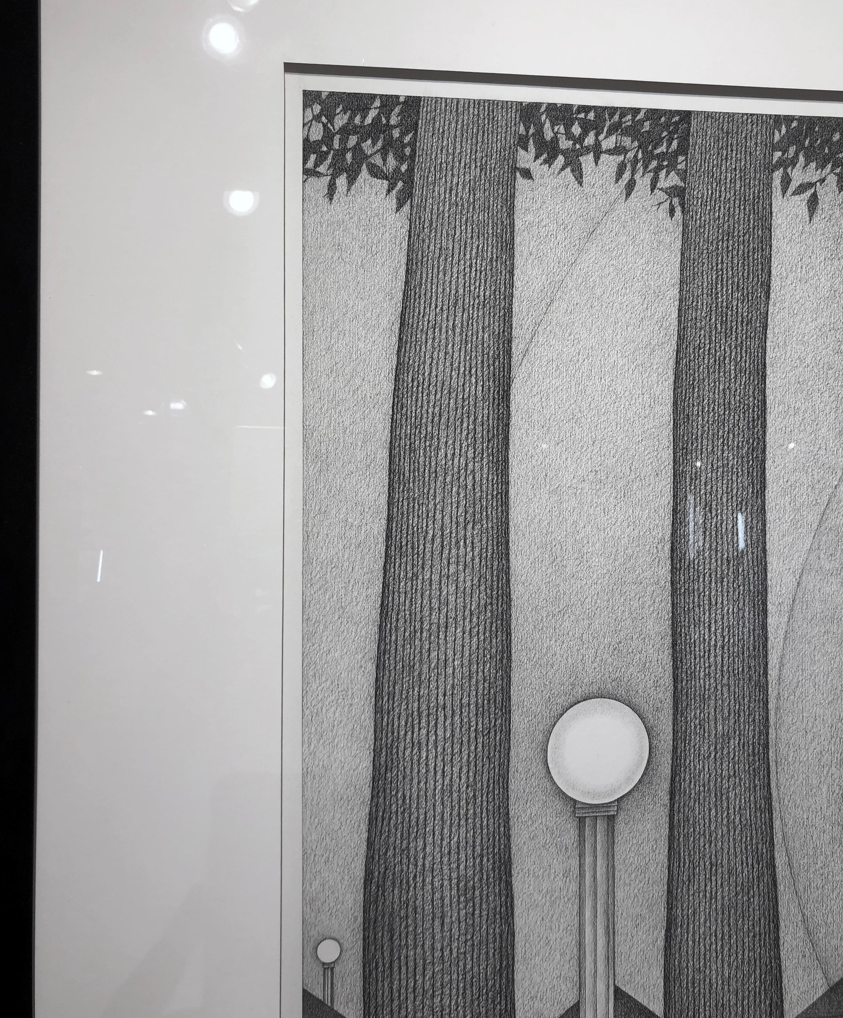 Rising I, Surrealist Landscape w/ Row of Trees & Owl, Graphite on Archival Paper 1