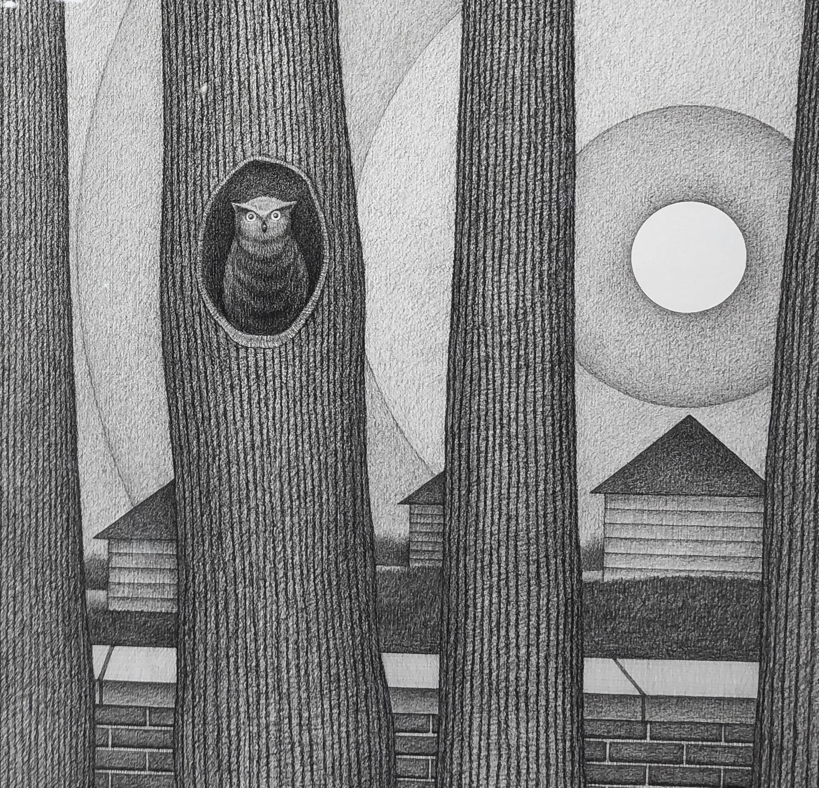 Rising I, Surrealist Landscape w/ Row of Trees & Owl, Graphite on Archival Paper 7