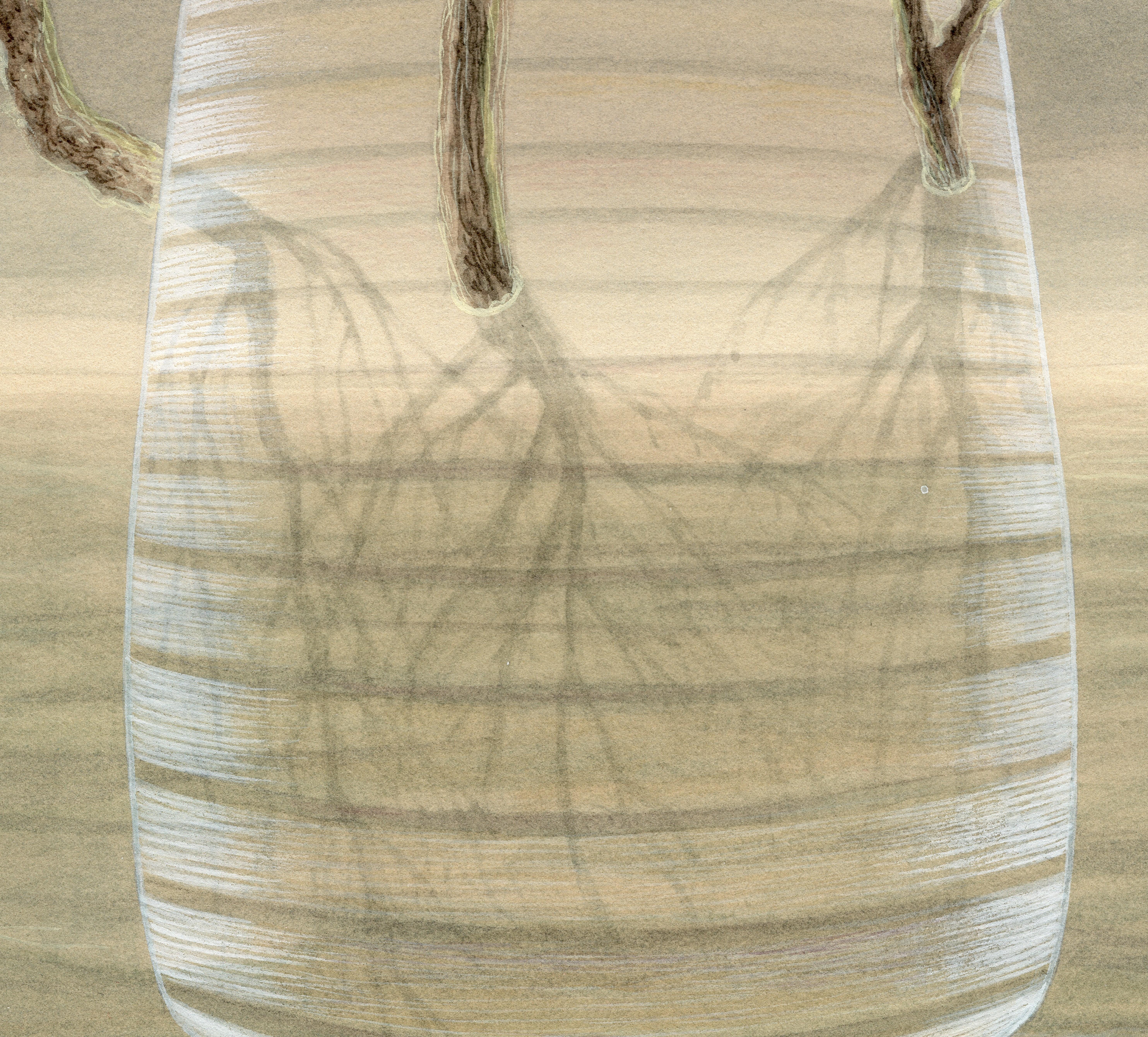 Baldachin, Bäume, die aus einer Vase hervorgehen, botanisches Aquarell und Gouache auf Papier – Art von Christina Haglid