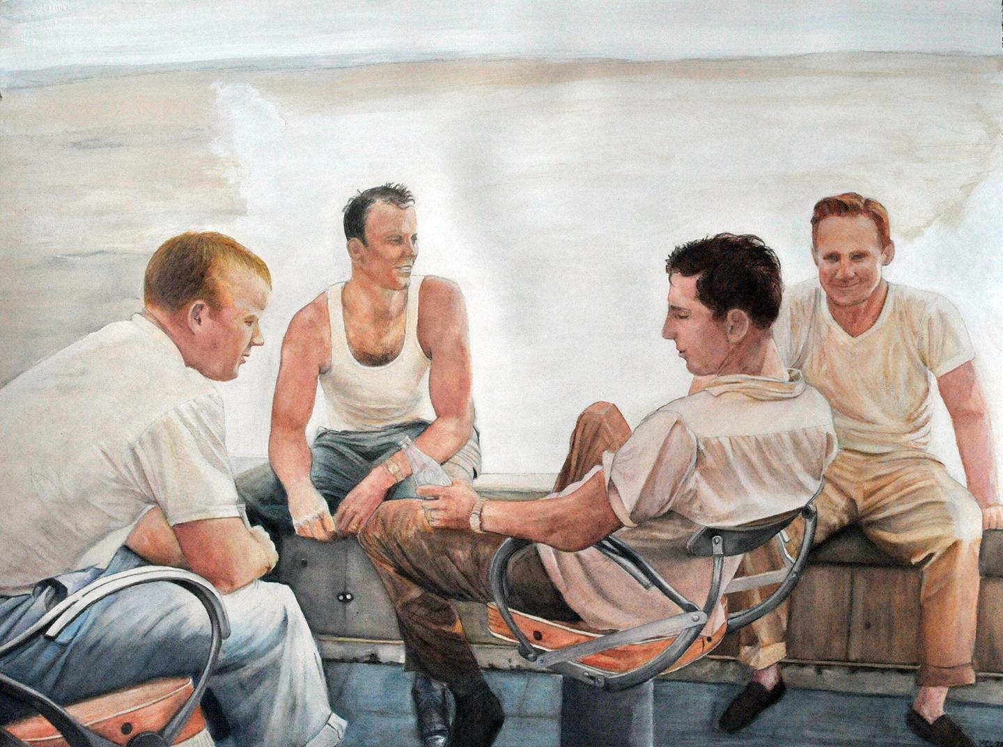 Margie Lawrence Figurative Painting - Yankees Spring Training 1957 - Baseball Greats, Mantle, Grimm, Martin, Ford
