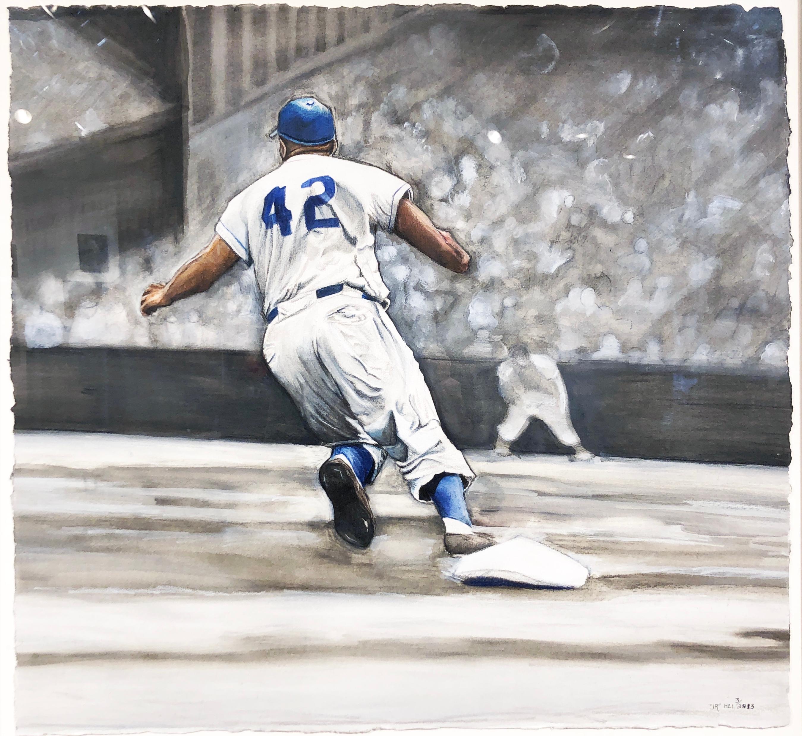 Margie Lawrence Figurative Painting - Jackie Robinson Rounding Second, Brooklyn Dodger's Famous Second Baseman, No. 42