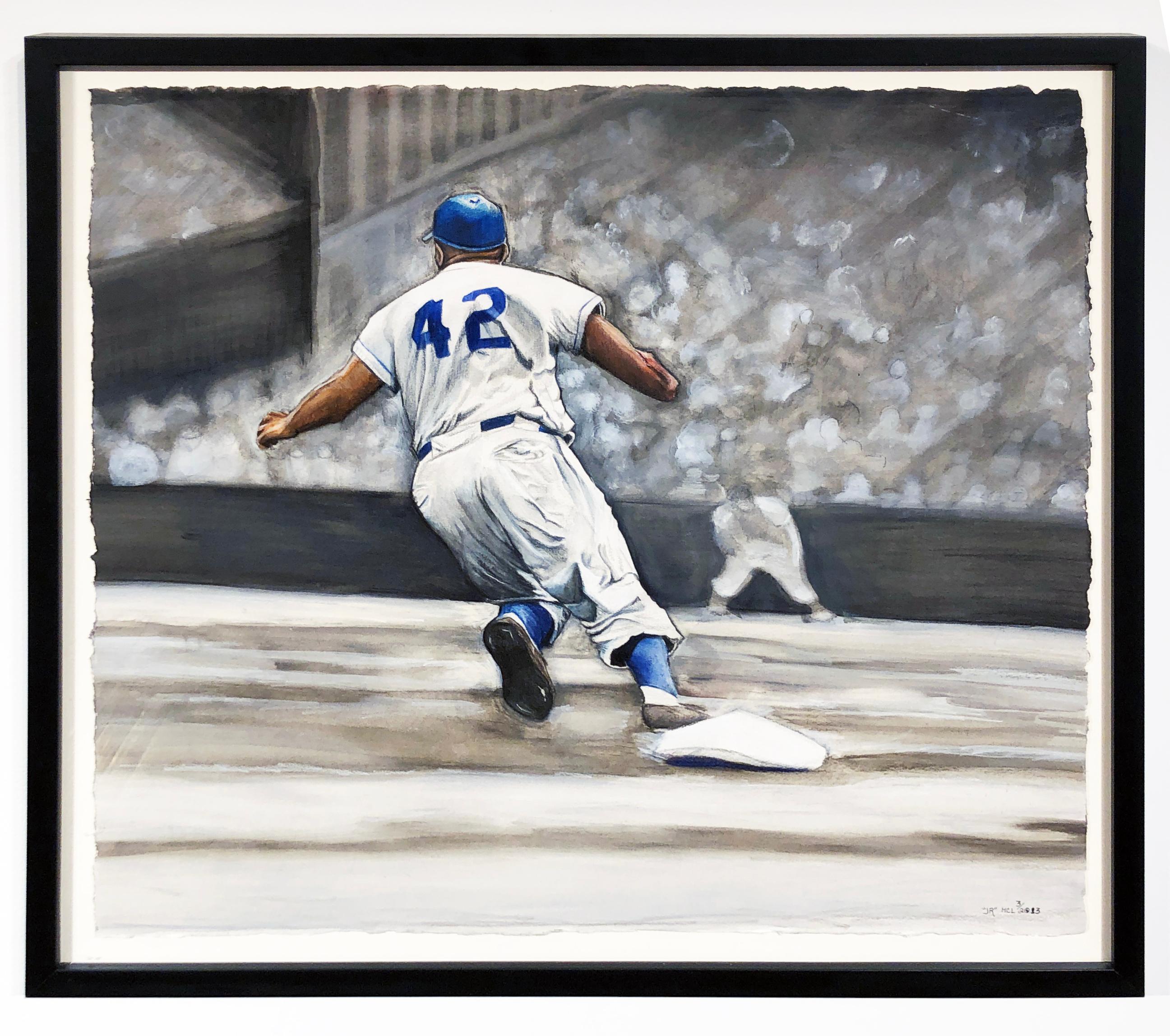 Jackie Robinson Rounding Second, Brooklyn Dodger's Famous Second Baseman, No. 42 - Painting by Margie Lawrence