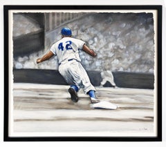 Jackie Robinson Rounding Second, Brooklyn Dodger's Famous Second Baseman, No. 42