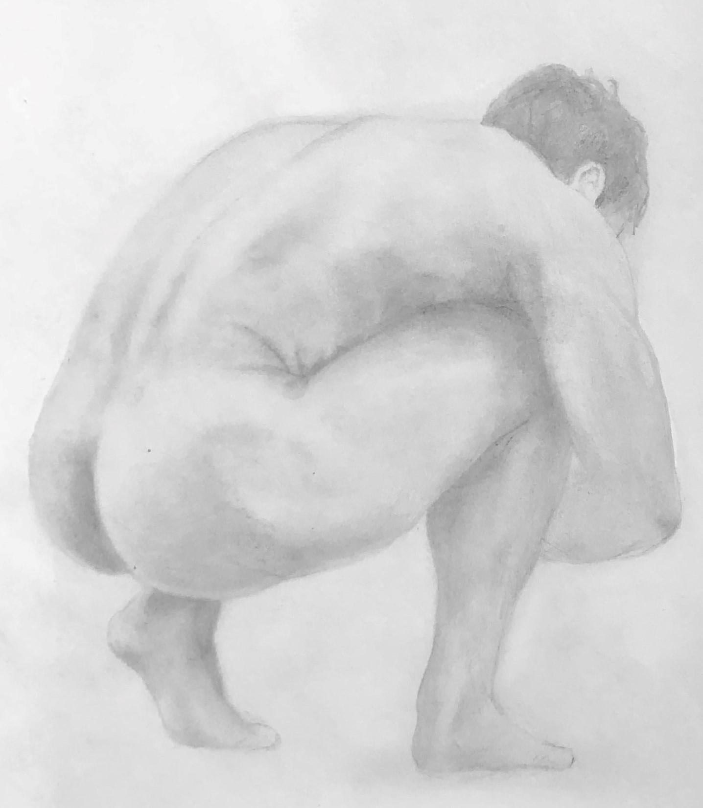 Rick Sindt Figurative Art - The Body is a Shelter - Muscular Male Nude, Graphite Drawing on Paper