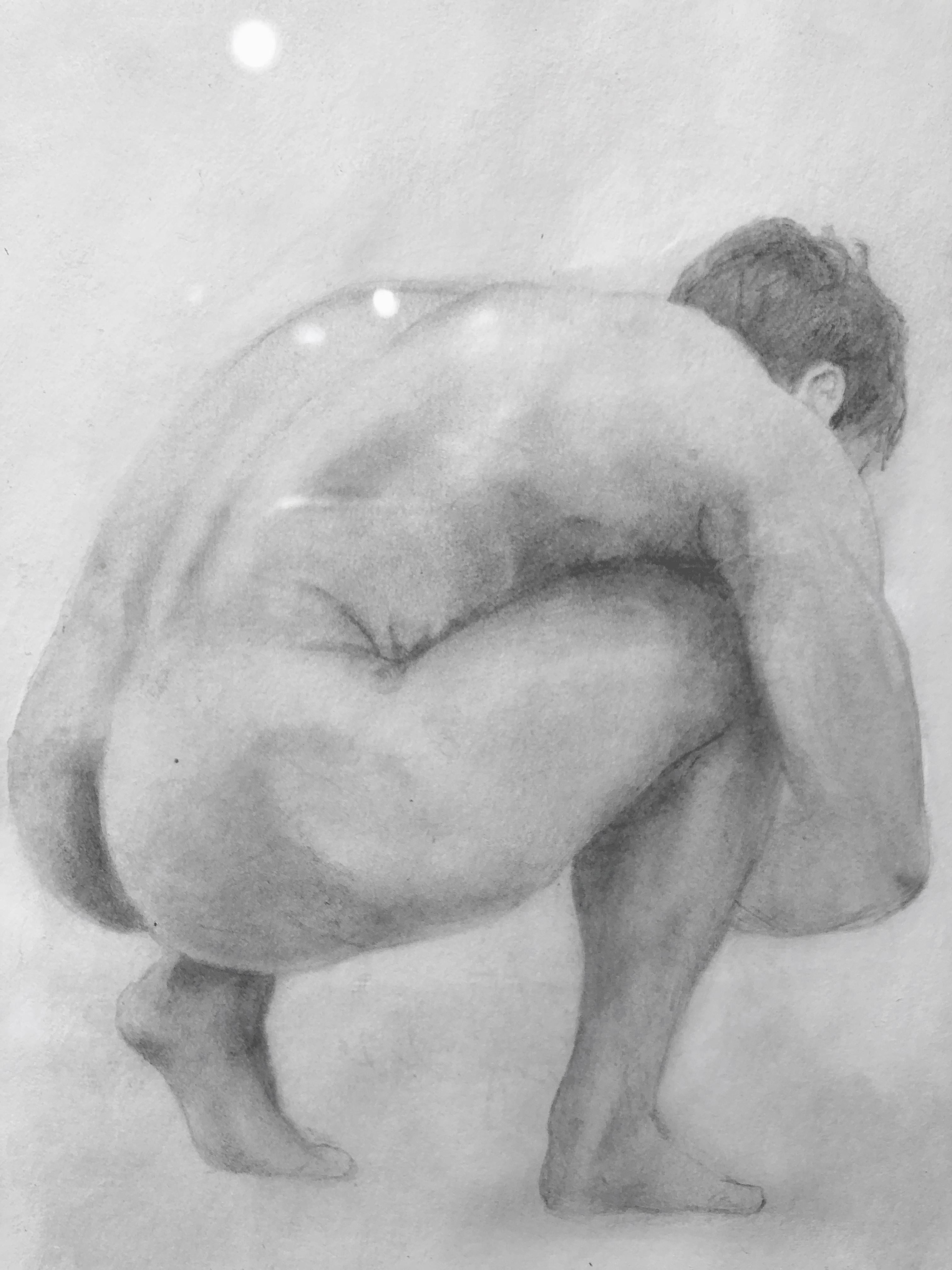 The Body is a Shelter - Muscular Male Nude, Graphite Drawing on Paper - Contemporary Art by Rick Sindt