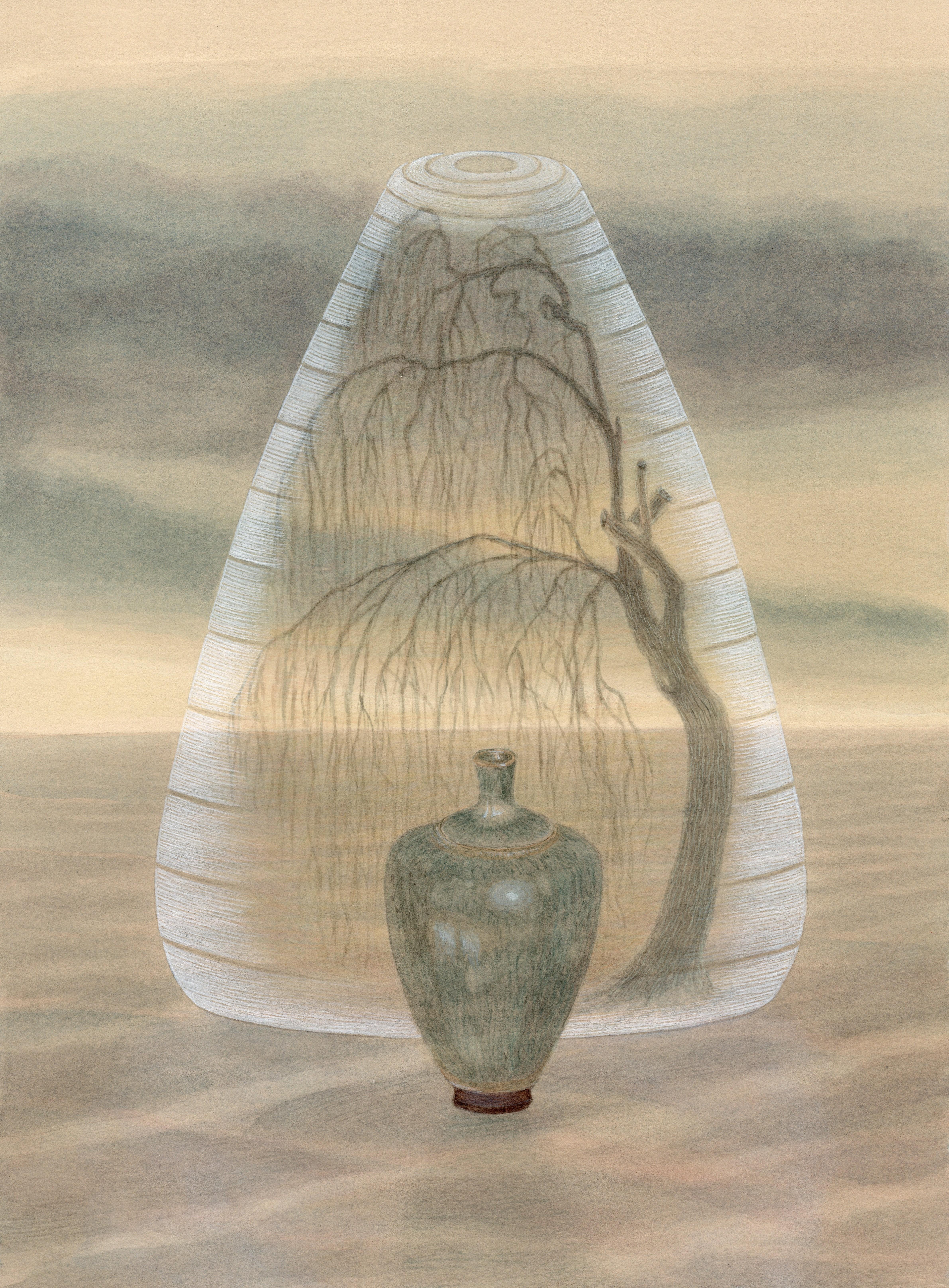 Vase en forme de saule - Aquarelle botanique et gouache sur papier avec bourgeon et arbre unique
