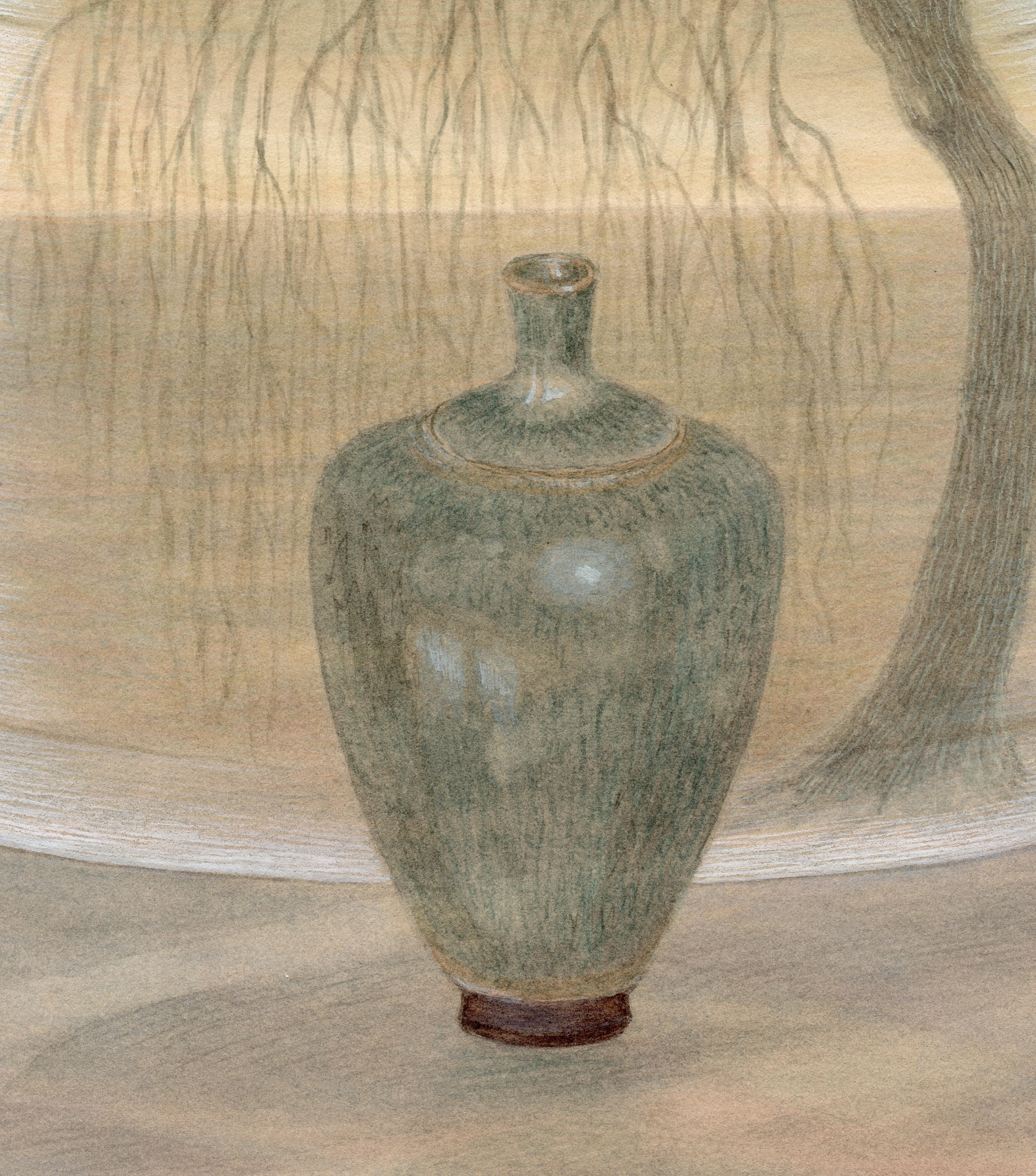 Willow - Botanical Watercolor & Gouache on Paper with Single Bud Vase and Tree - Art by Christina Haglid