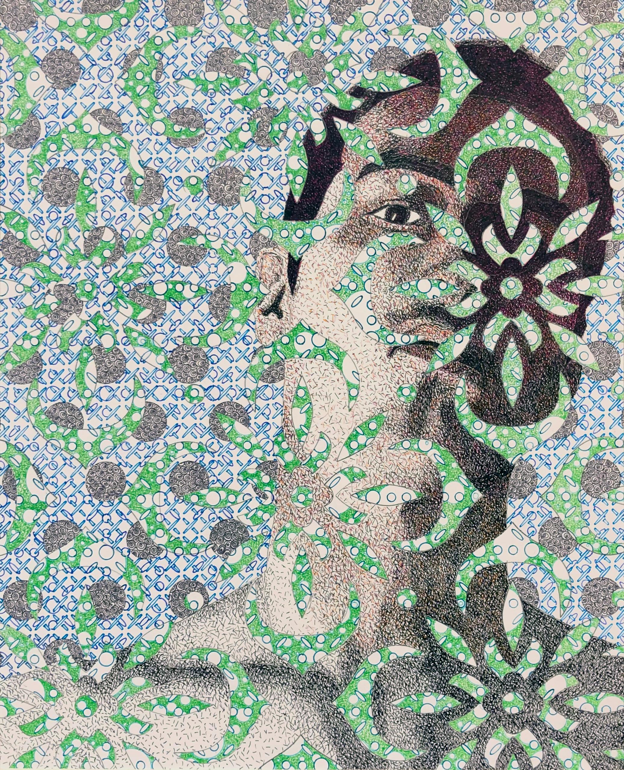 Brian Driscoll Figurative Art - Matt, Male Portrait with Geometric Background and Floral Foreground, Ink Drawing