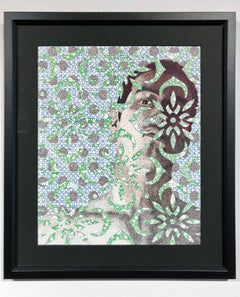 Matt, Ritratto maschile con sfondo geometrico e primo piano floreale, disegno a inchiostro