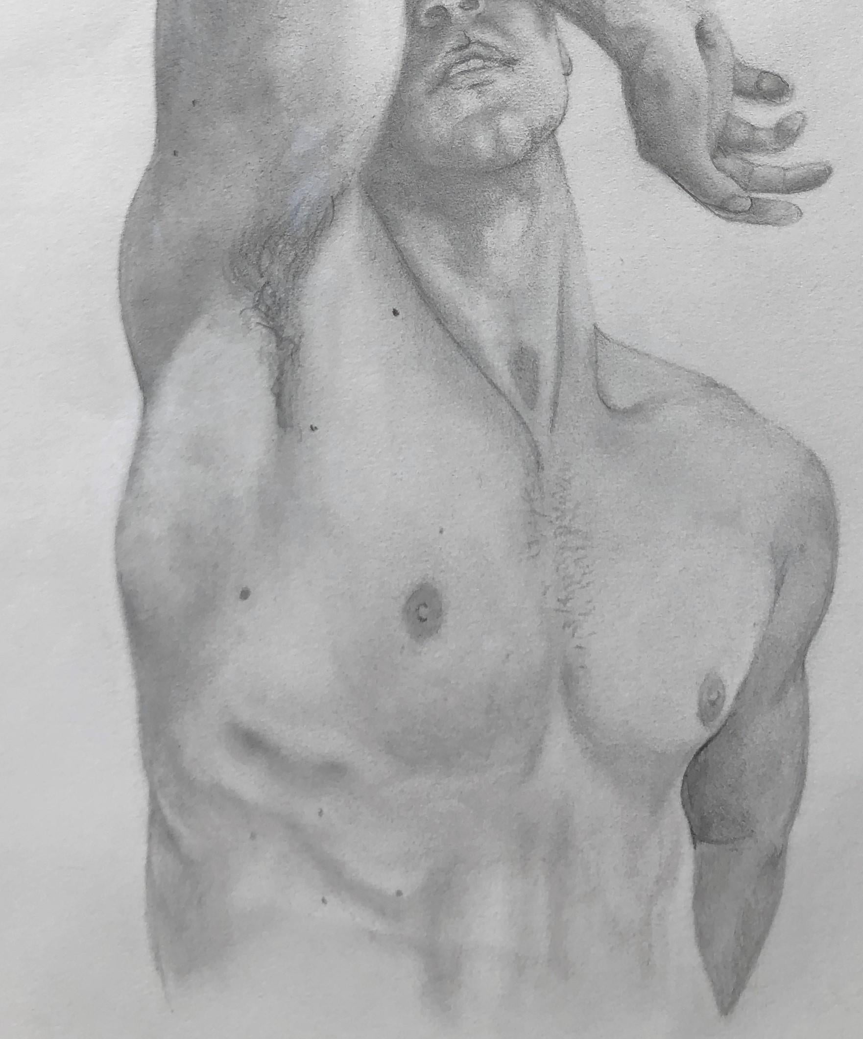 Rick Sindt's knowledge of the male physique is evident in this exquisite drawing of a nude male.  The subject protects himself by using his arm to shield his face from the viewer.  We are only privy to the beautifully muscled torso of this anonymous