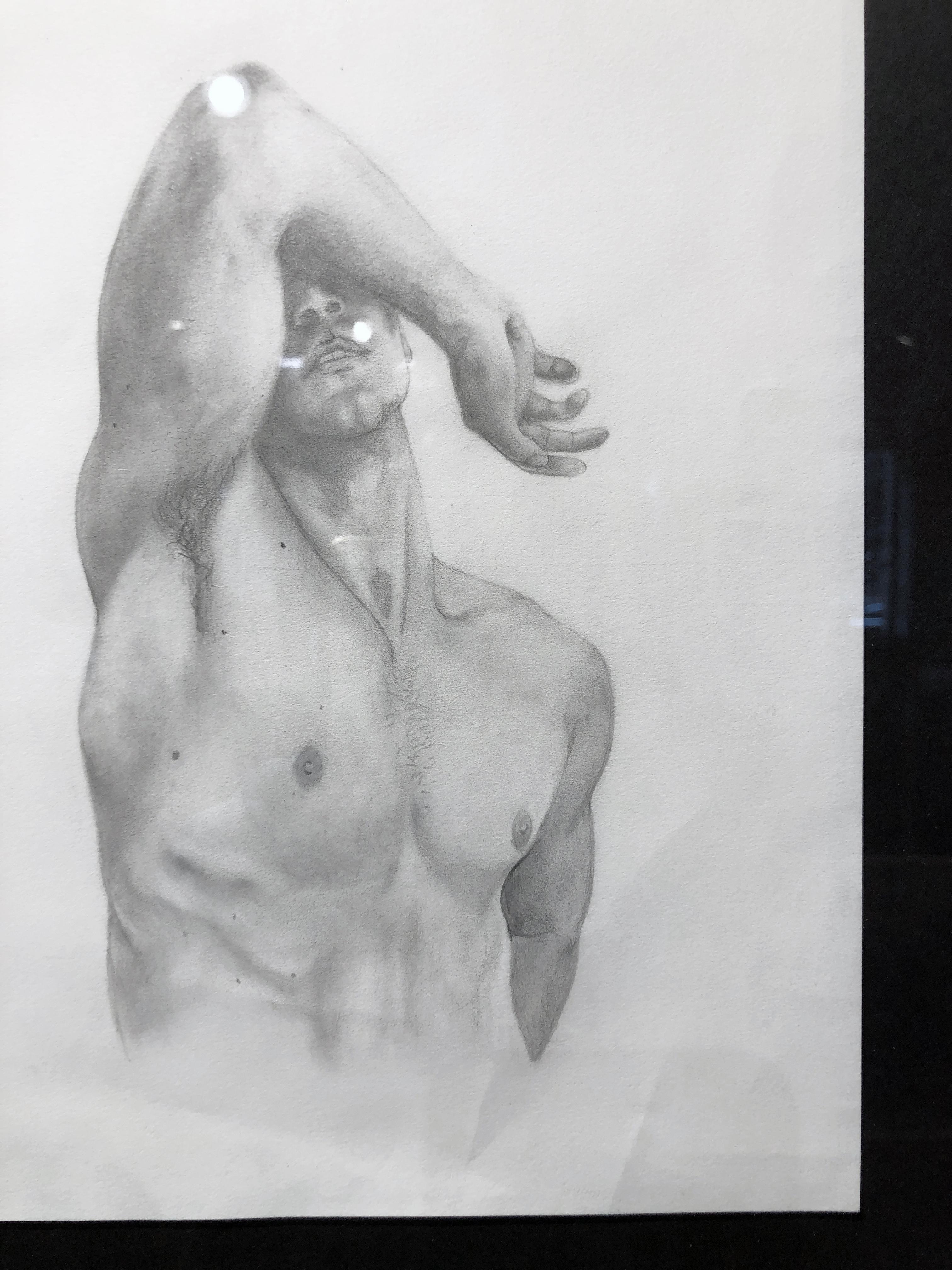 The Body is a Shield - Muscular Male Nude, Graphite Drawing on Paper, Framed 1