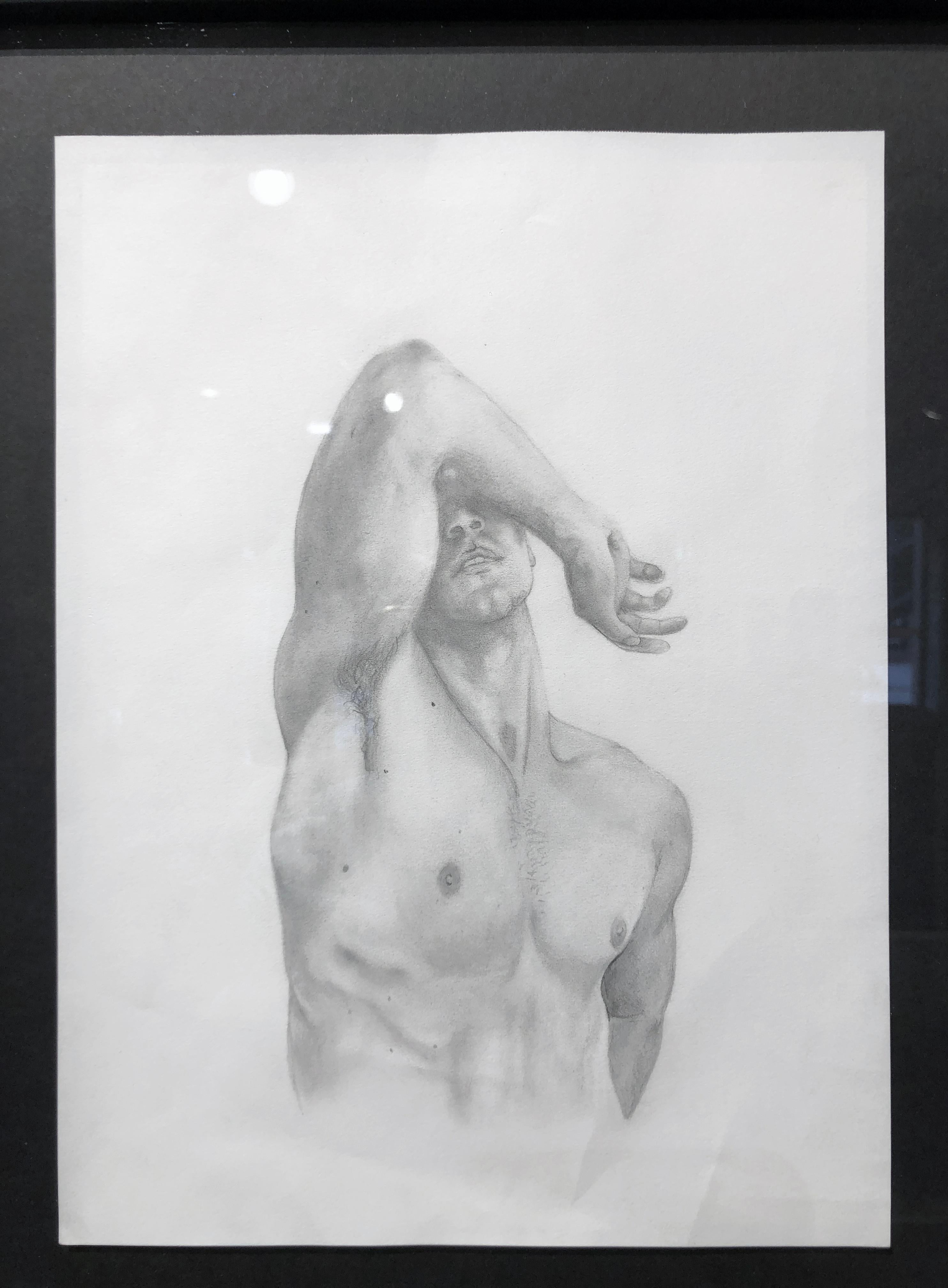 The Body is a Shield - Muscular Male Nude, Graphite Drawing on Paper, Framed 2