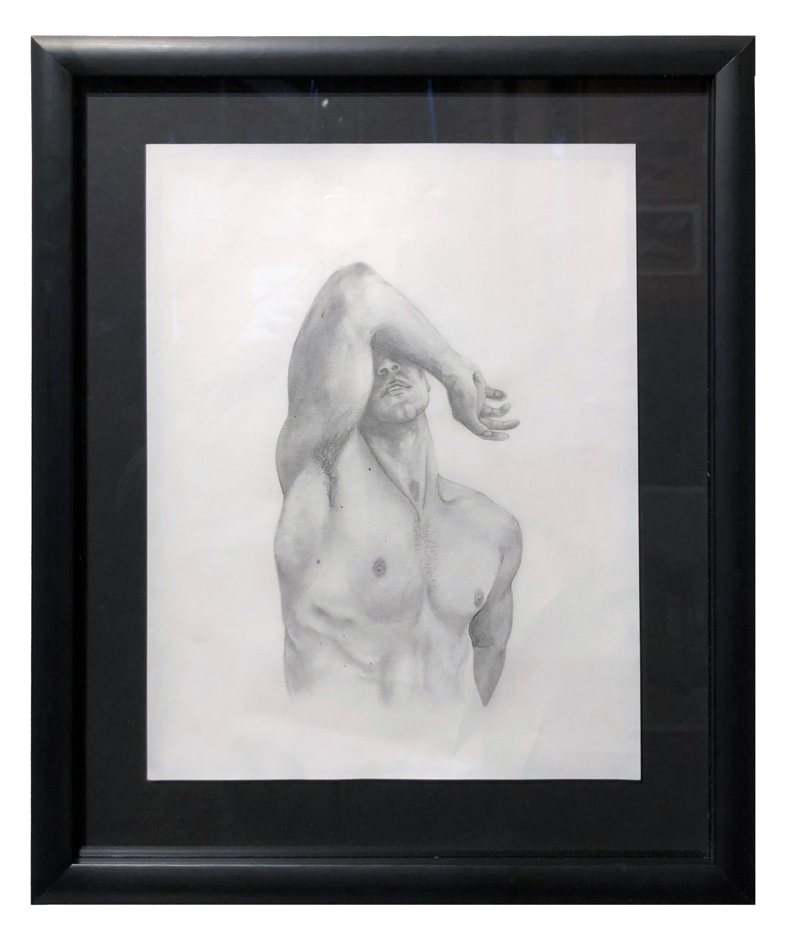 The Body is a Shield - Muscular Male Nude, Graphite Drawing on Paper, Framed - Art by Rick Sindt
