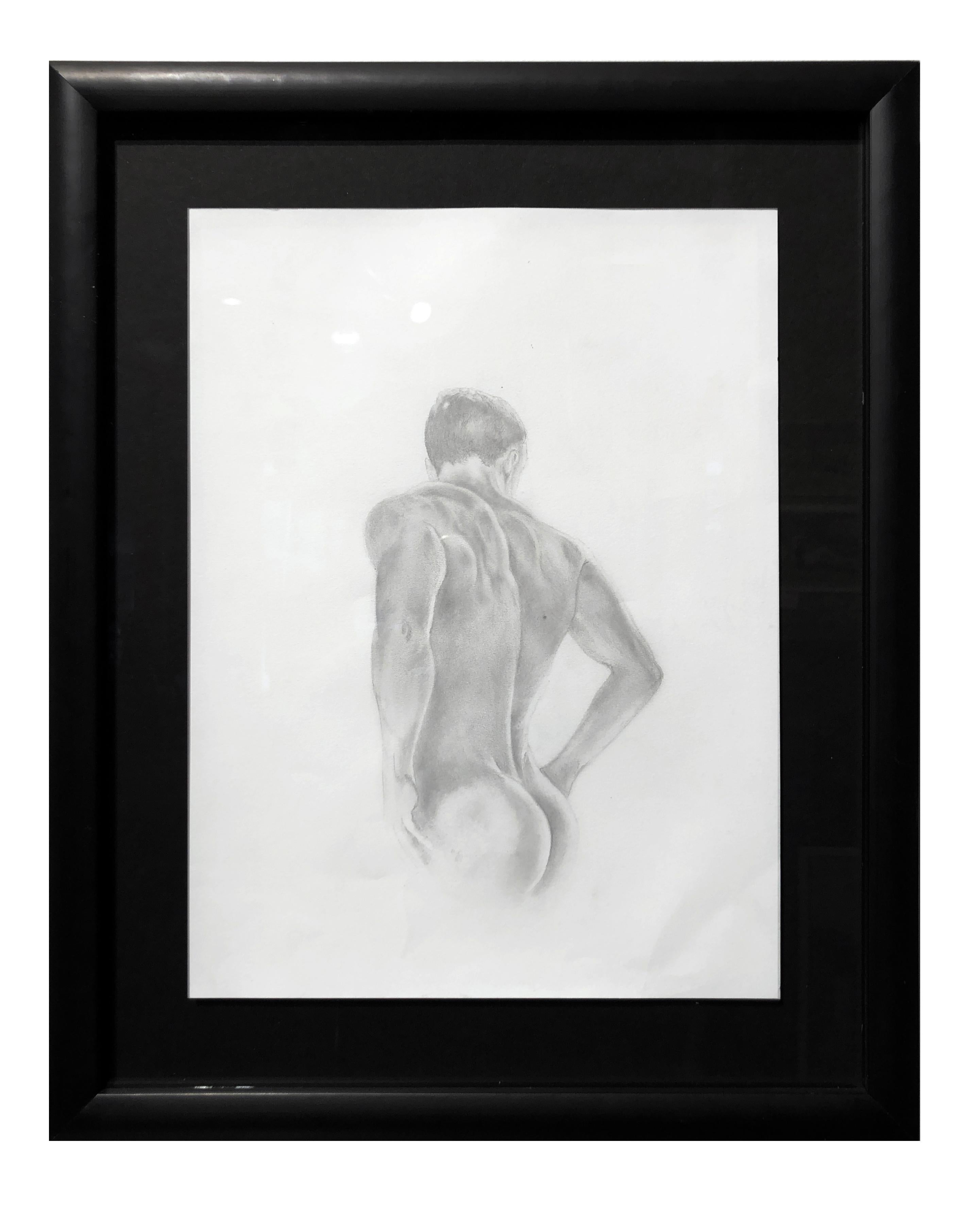 The Body is a Beacon - Muscular Male Nude, Graphite Drawing on Paper, Framed - Art by Rick Sindt