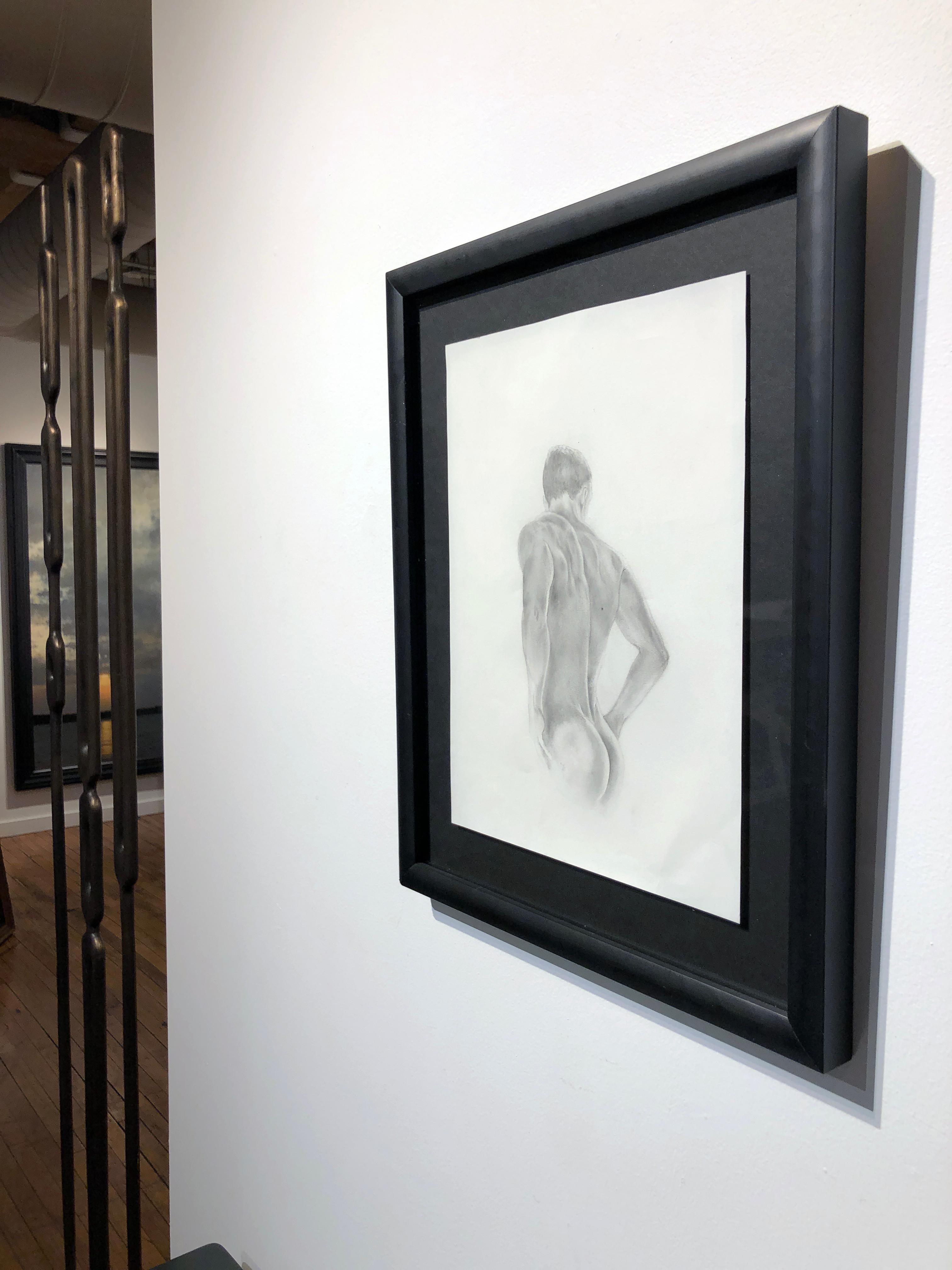 The Body is a Beacon - Muscular Male Nude, Graphite Drawing on Paper, Framed - Contemporary Art by Rick Sindt