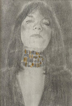 Used Erina, Female with Gold Choker Necklace, Graphite Drawing on Paper, Matted