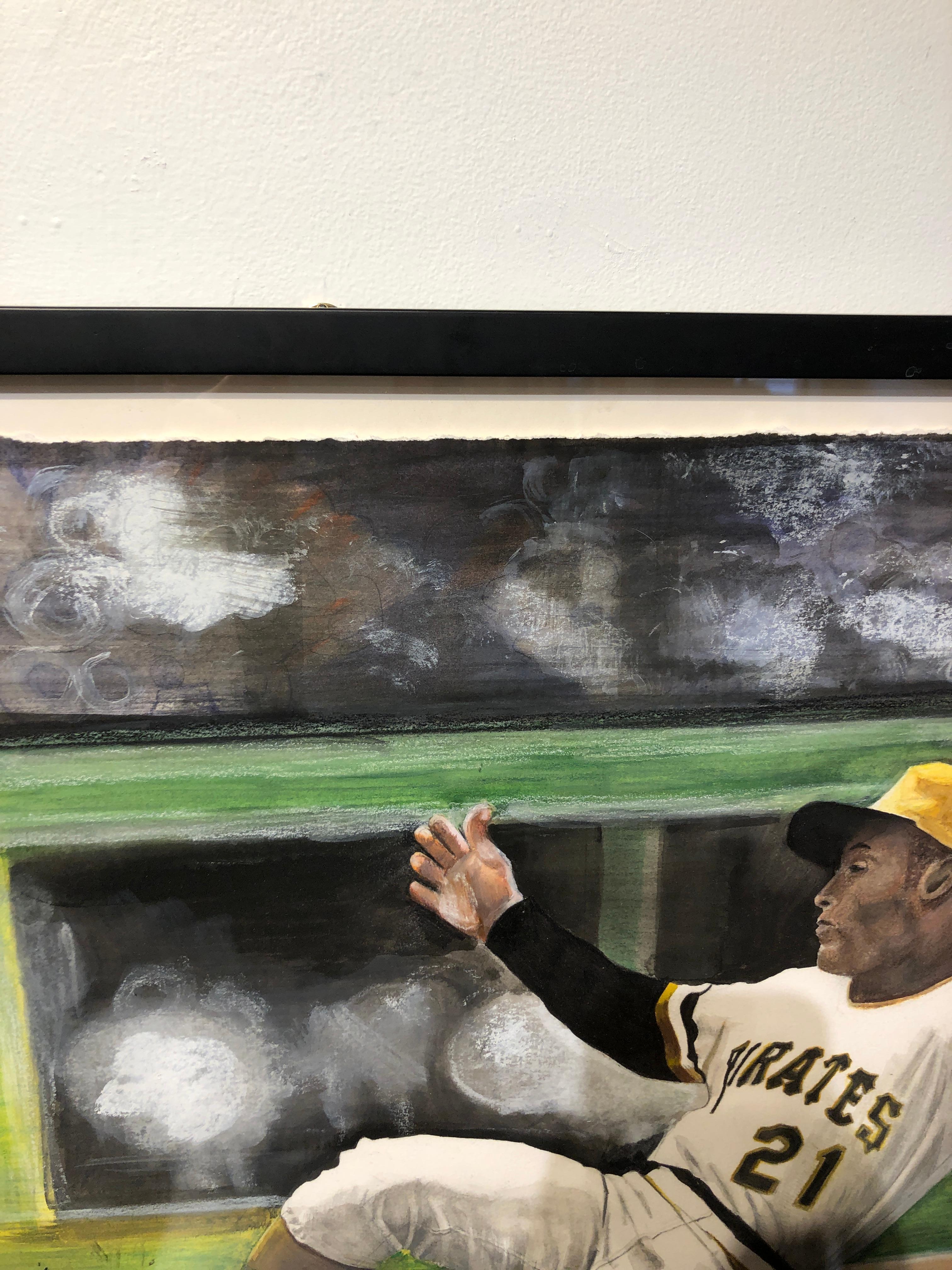 Roberto Clemente - Original Watercolor Baseball Painting on Paper - Black Figurative Art by Margie Lawrence