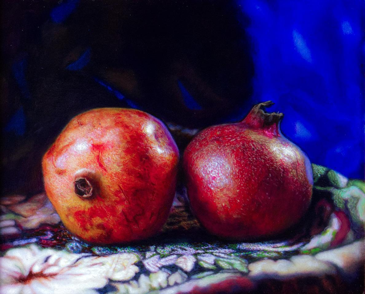 Matthew Cook Still-Life Painting - Pomegranates - Still Life, Original Oil Painting on Aluminium Panel, Dutch Style