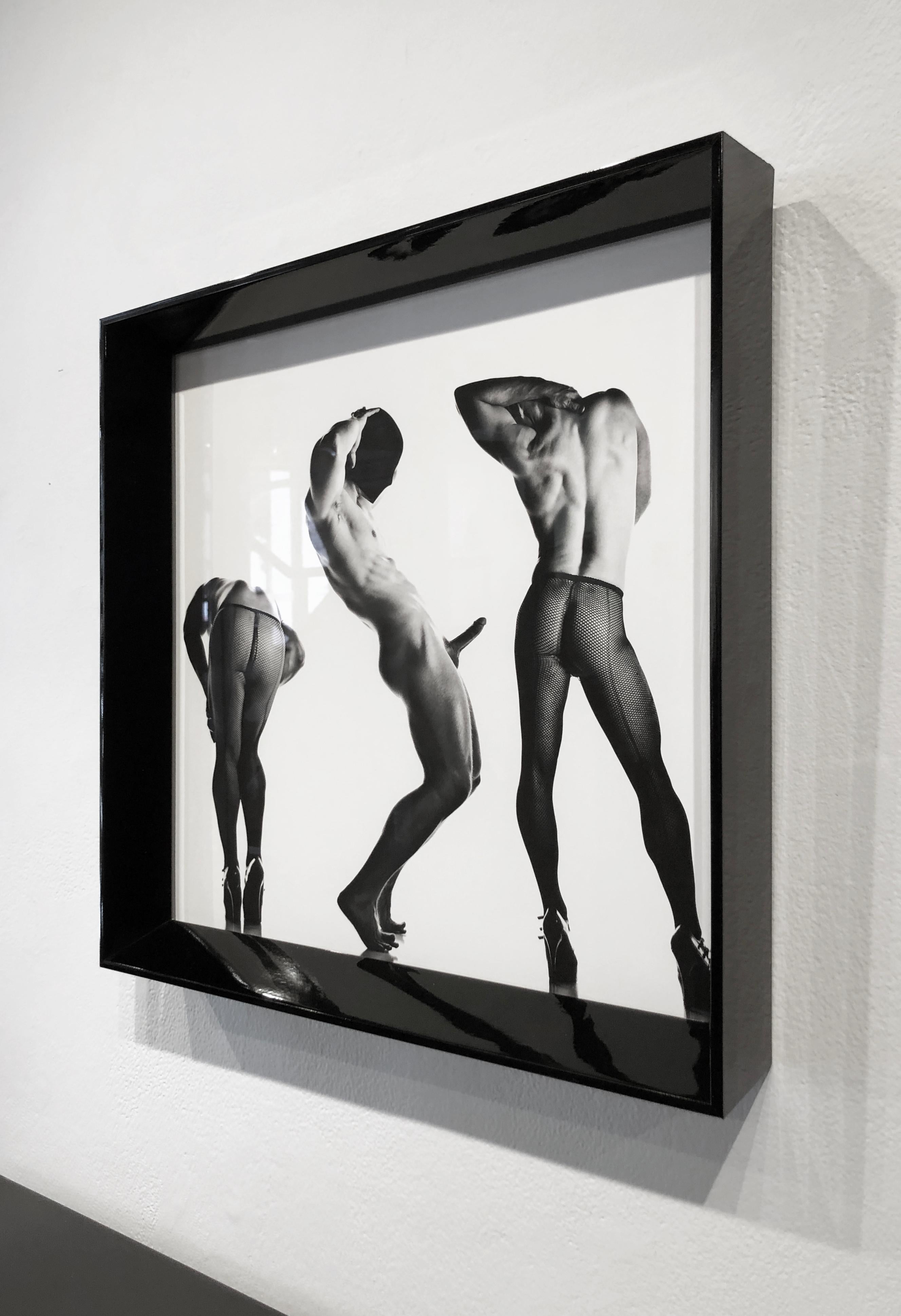 Sex 3 - Erotic Male Photo, Fishnet Stockings and High Heals, Matted and Framed - Black Black and White Photograph by Doug Birkenheuer