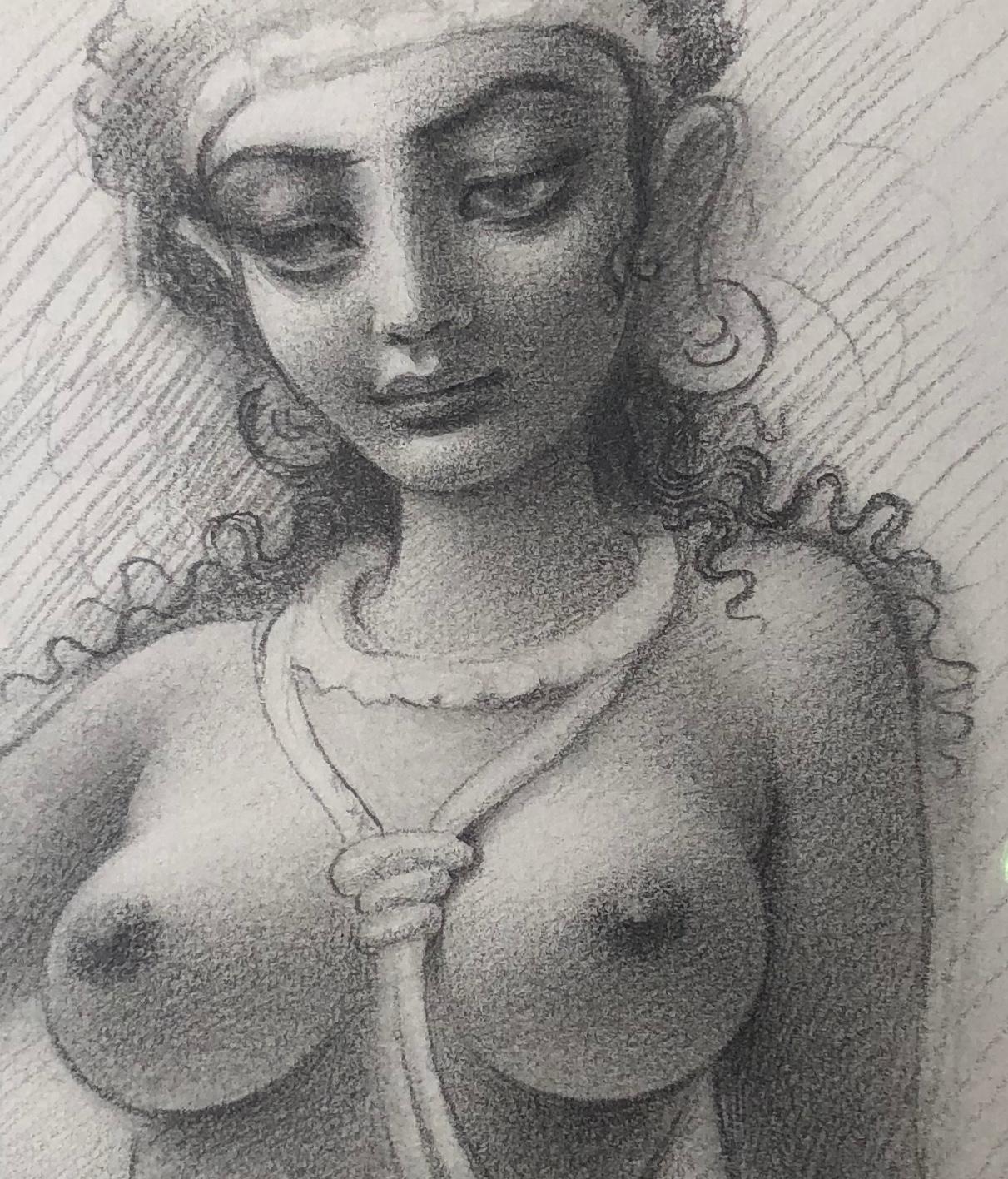 Lady of the Temple, nackte weibliche Figur, detailreiche Bleistiftzeichnung, gerahmt (Zeitgenössisch), Art, von Oliver Hazard