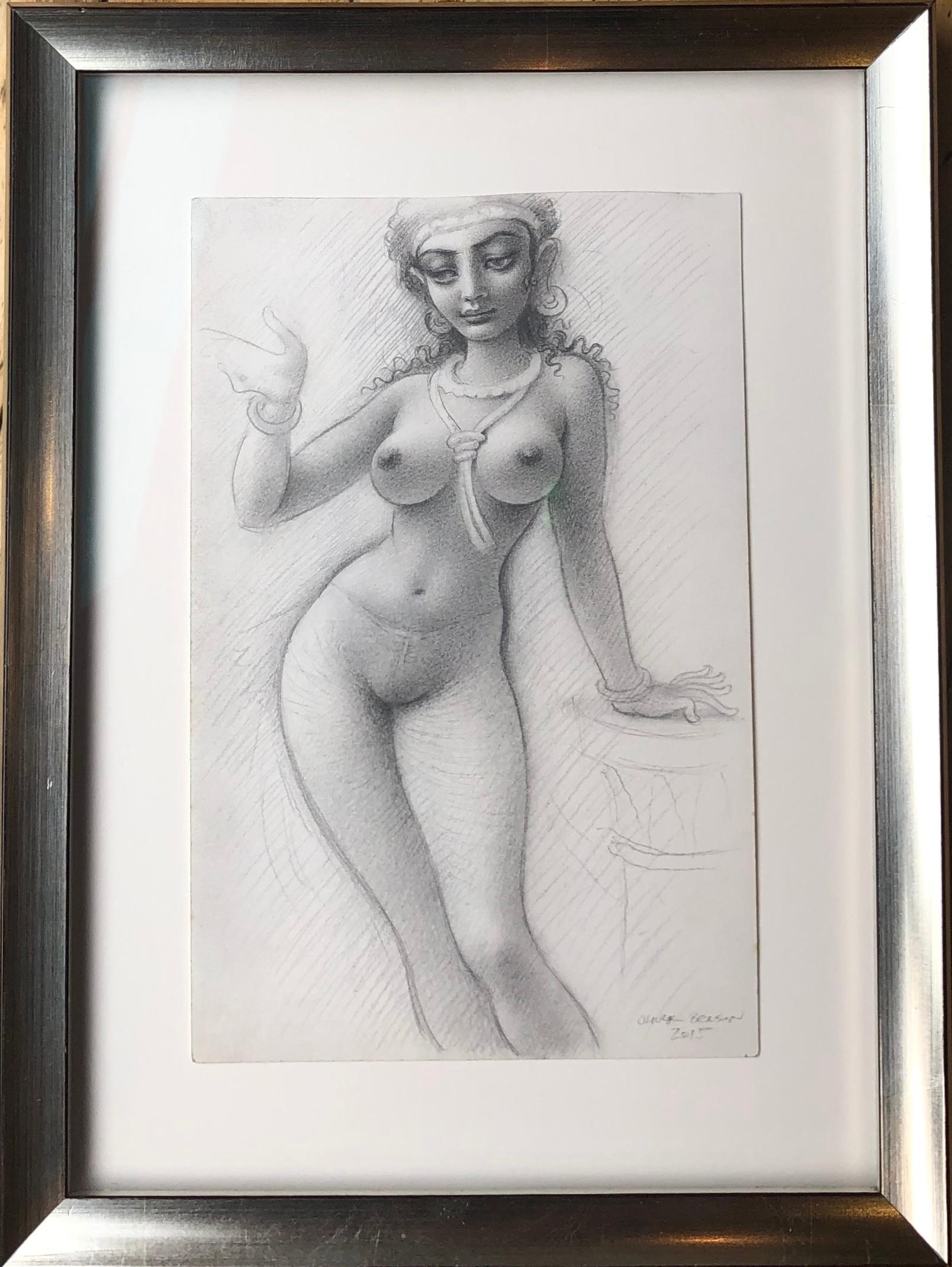 Lady of the Temple, nackte weibliche Figur, detailreiche Bleistiftzeichnung, gerahmt (Grau), Figurative Art, von Oliver Hazard