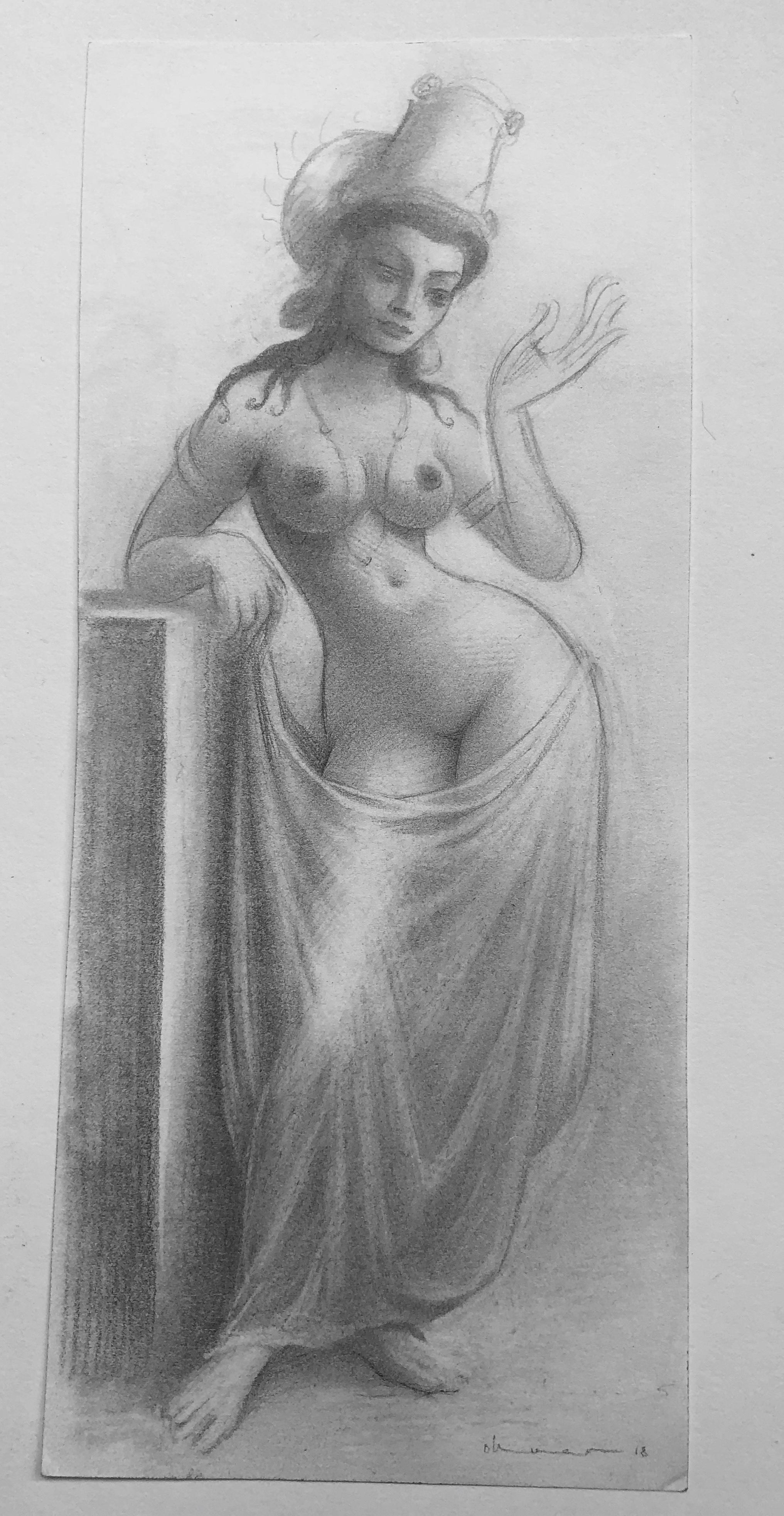 Maid of Agora - Figure féminine nue, dessin au crayon très détaillé, encadré