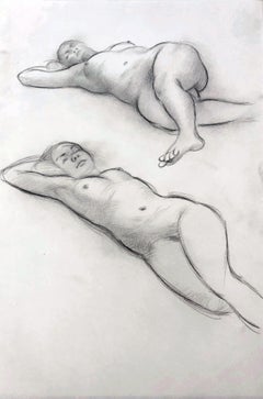 Two Reclining Nudes, Females, Highly Detailed Pencil Drawing on Paper